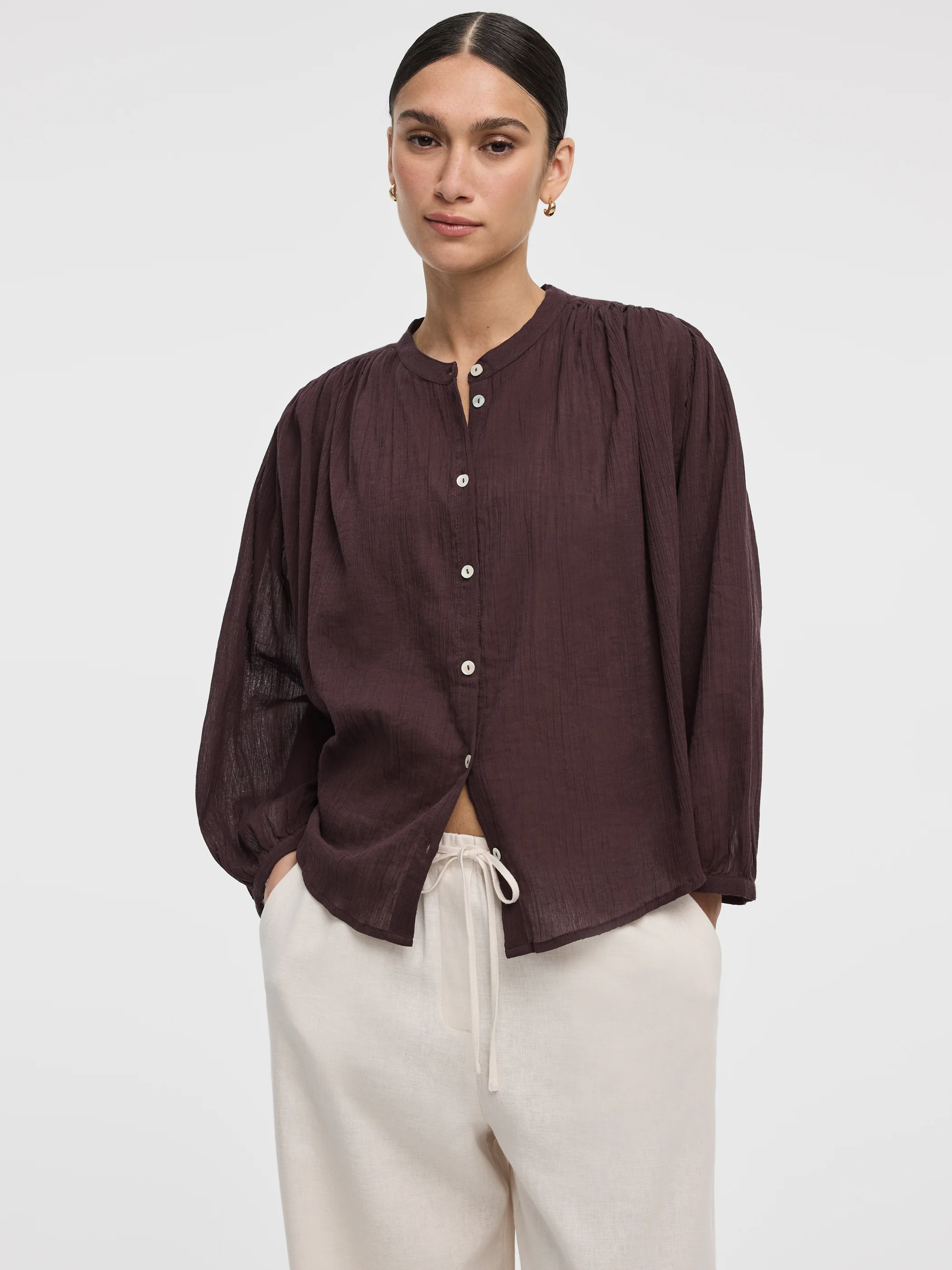 Crew-Neck Buttoned-Down Gauze Blouse - Image 5