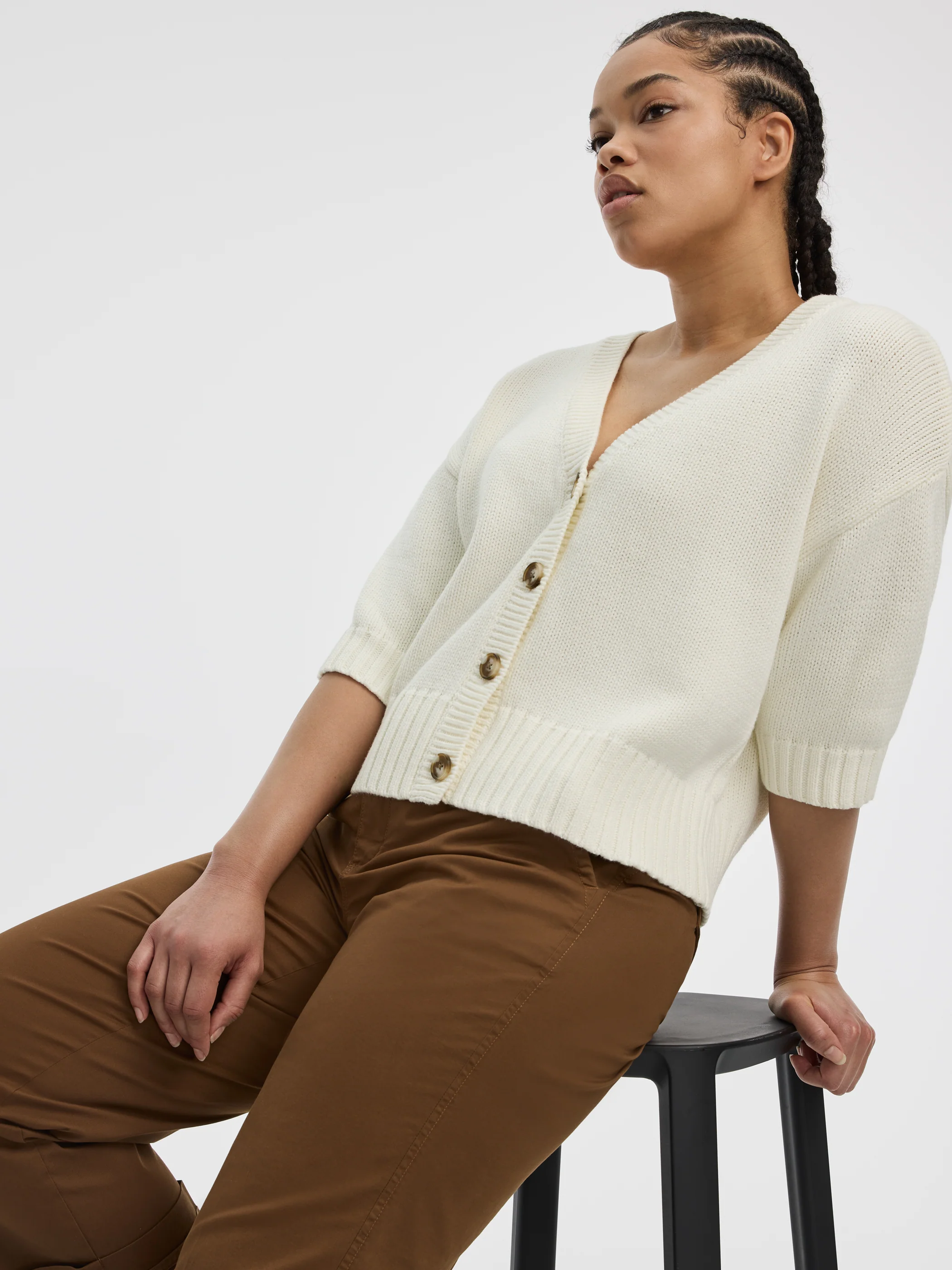 Loose Elbow-Sleeve V-Neck Cardigan - Image 3