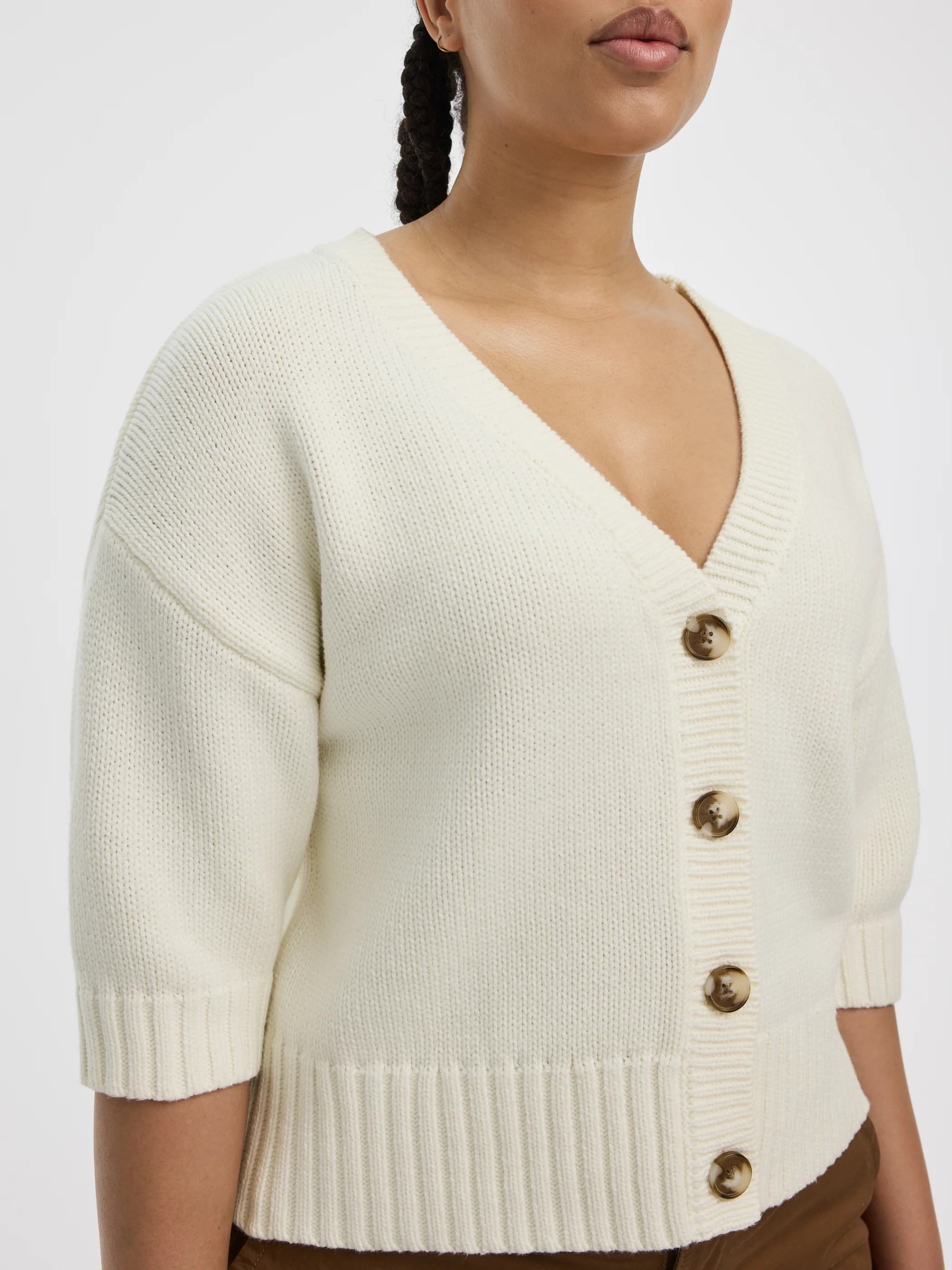 Loose Elbow-Sleeve V-Neck Cardigan - Image 4