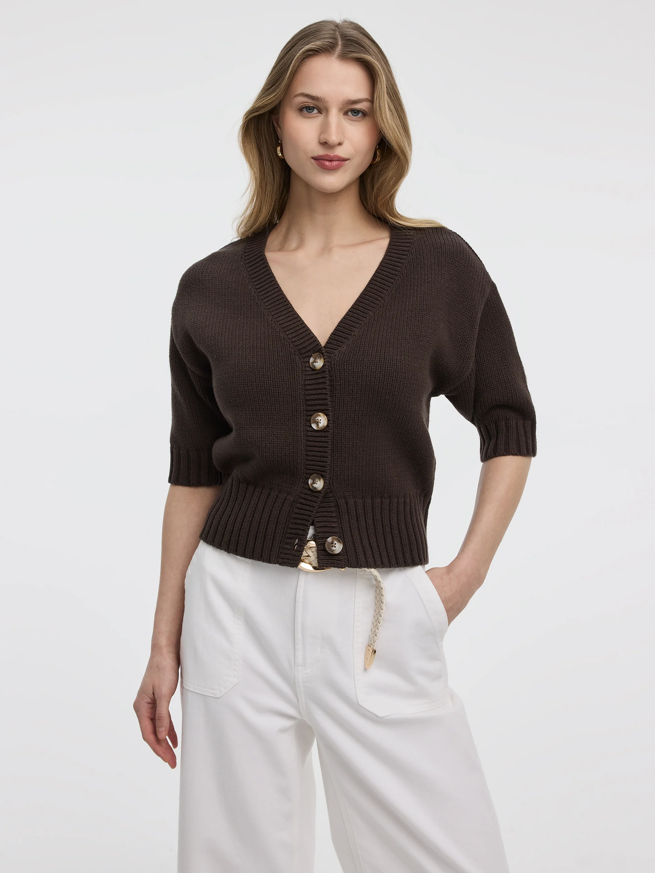 Loose Elbow-Sleeve V-Neck Cardigan - Image 5