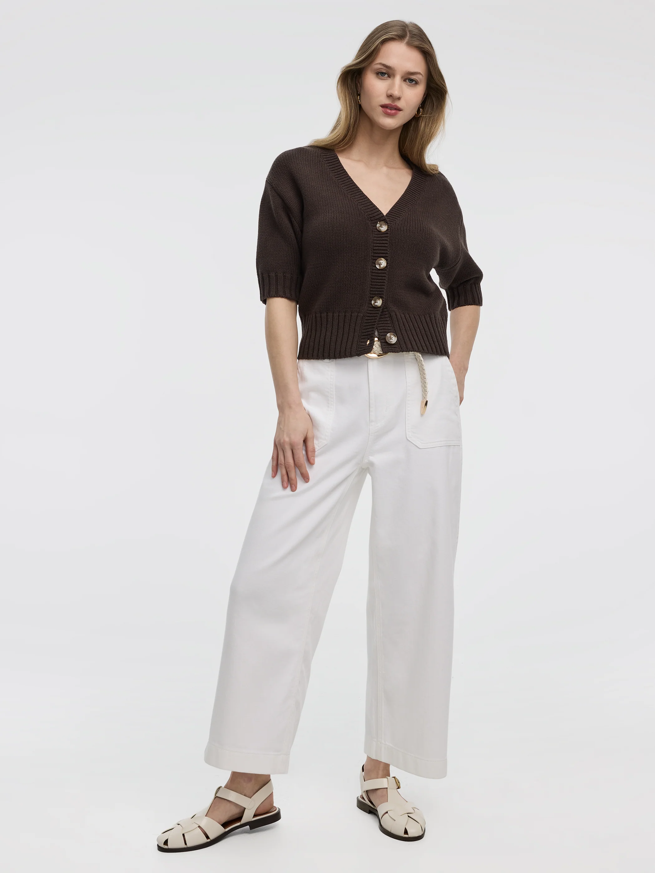 Loose Elbow-Sleeve V-Neck Cardigan - Image 8