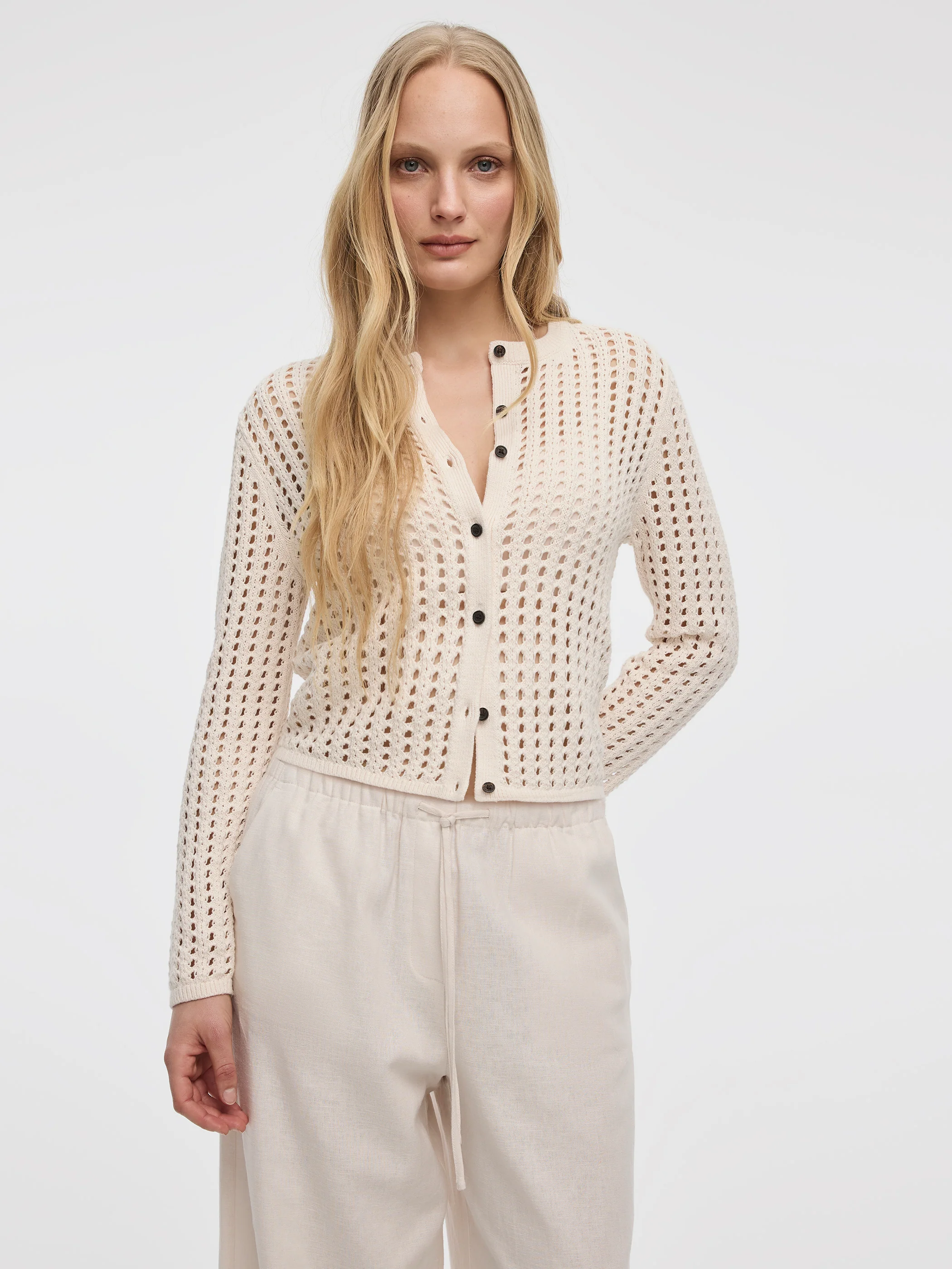 Long-Sleeve Crew-Neck Cardigan with Open Stitches - Image 5