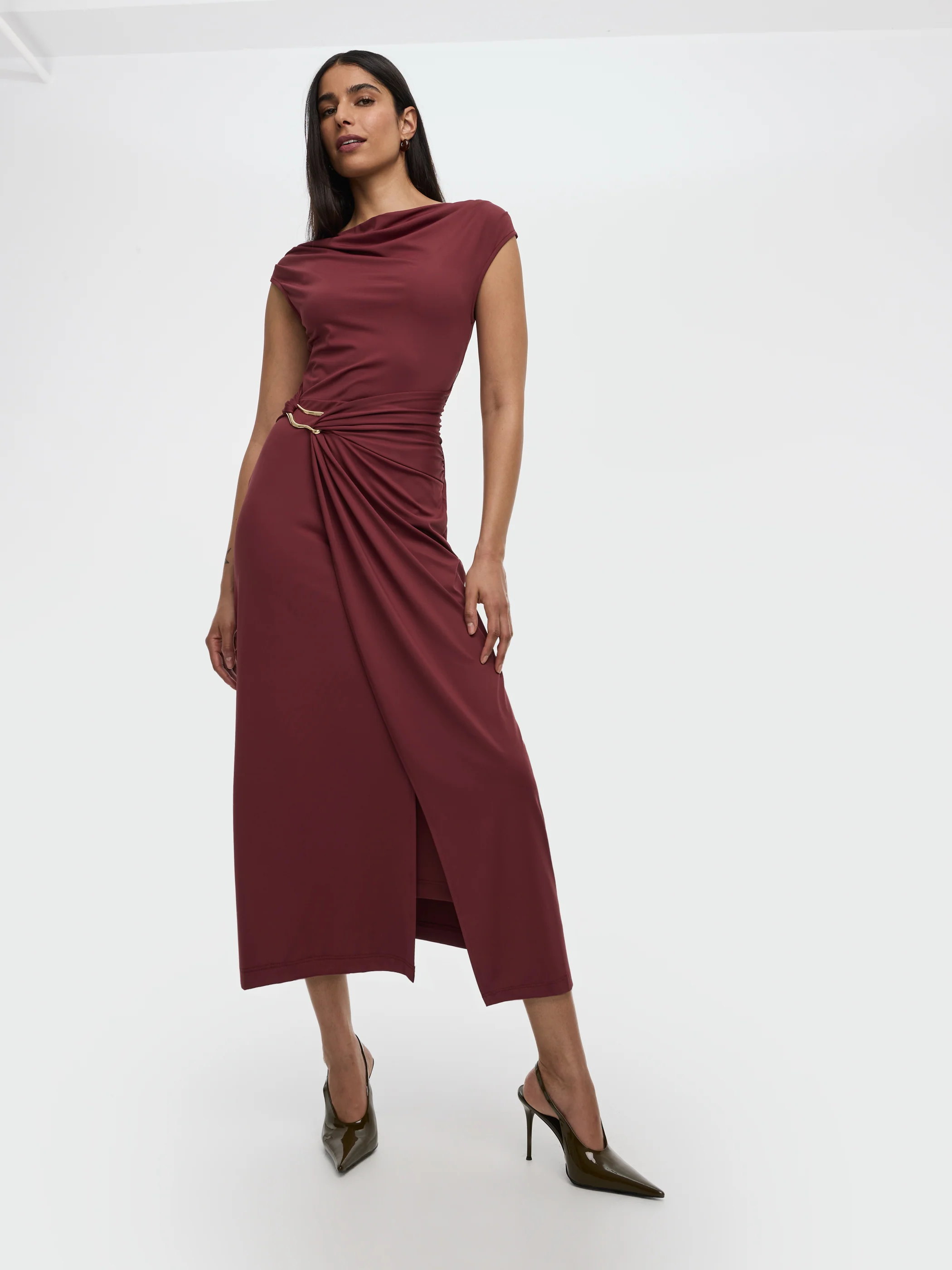 Short-Sleeve Bodycon Midi Dress with Wrap Skirt - Image 5