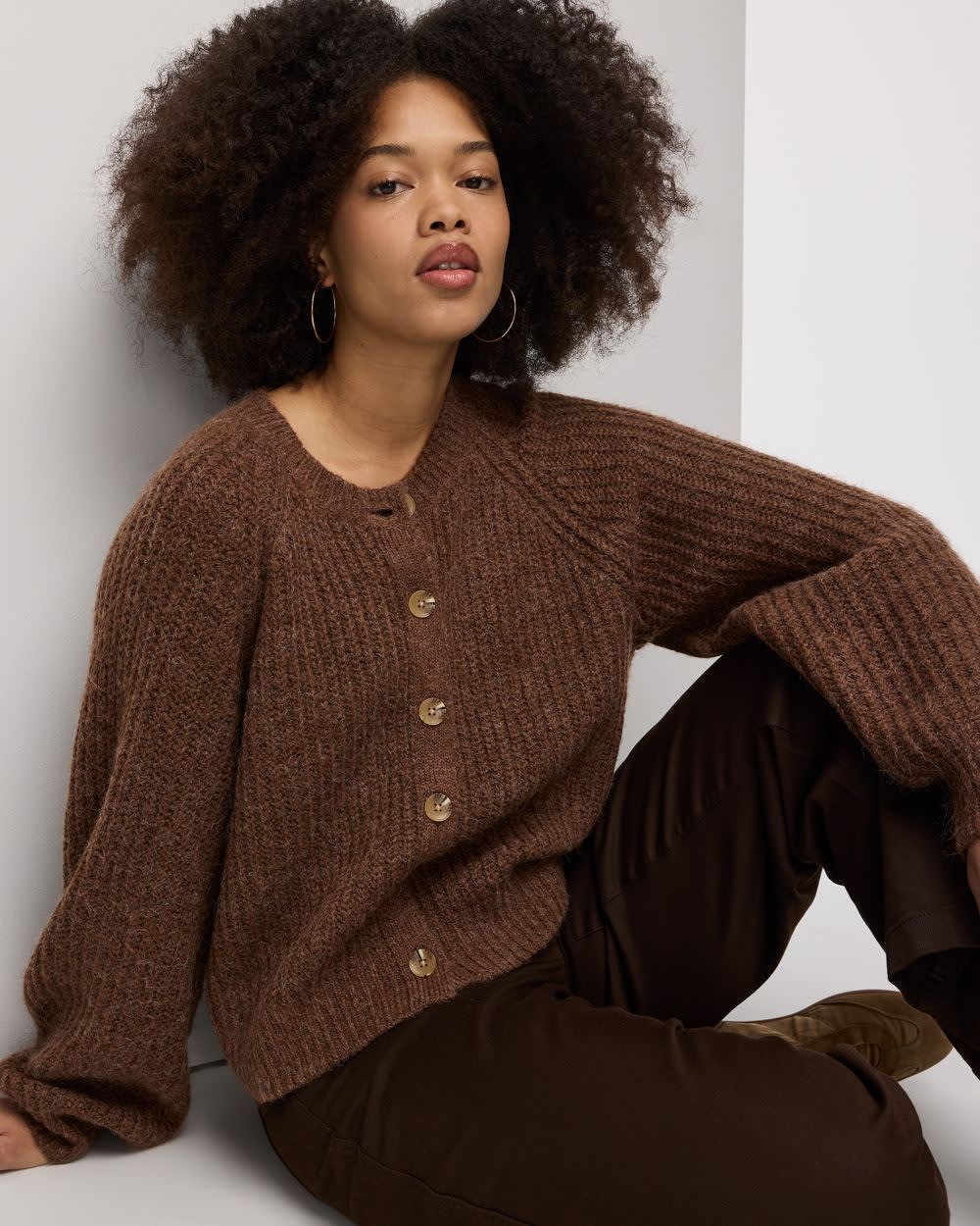 Long-Balloon-Sleeve Crew-Neck Cardigan - Image 3