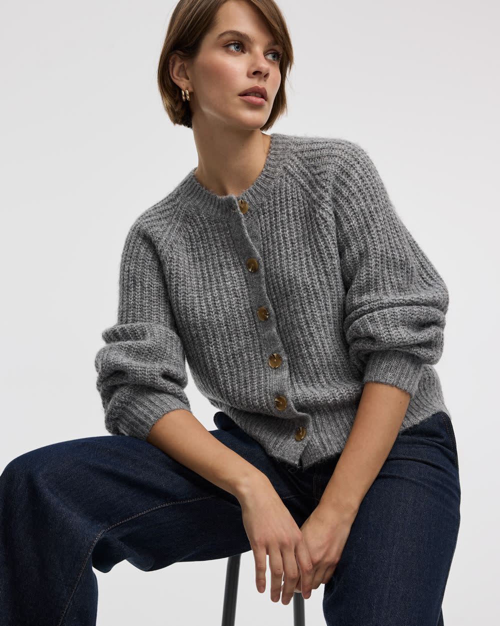 Long-Balloon-Sleeve Crew-Neck Cardigan - Image 9