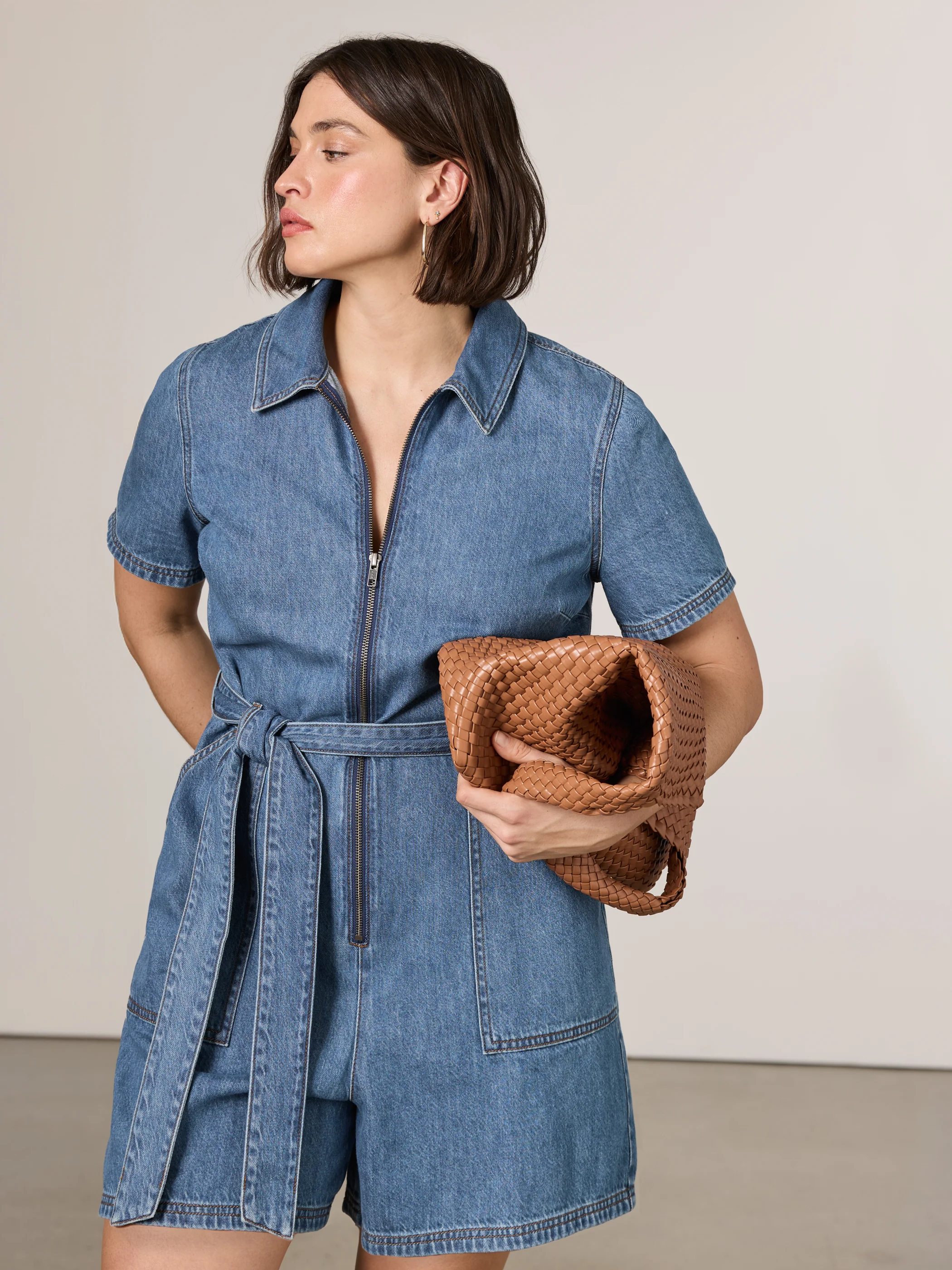 Short-Sleeve Denim Mini Dress Romper - Image 4