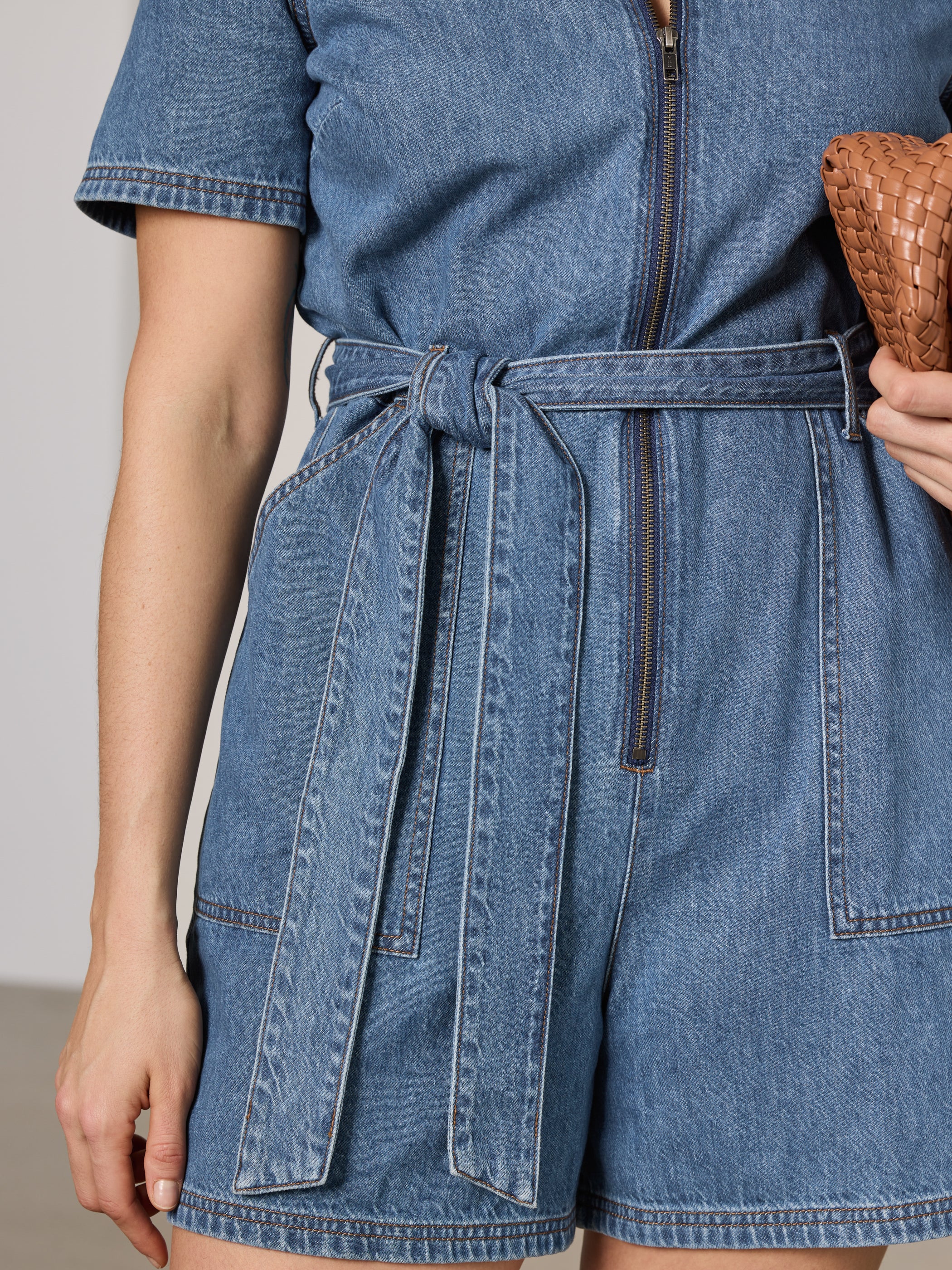 Short-Sleeve Denim Mini Dress Romper - Image 5