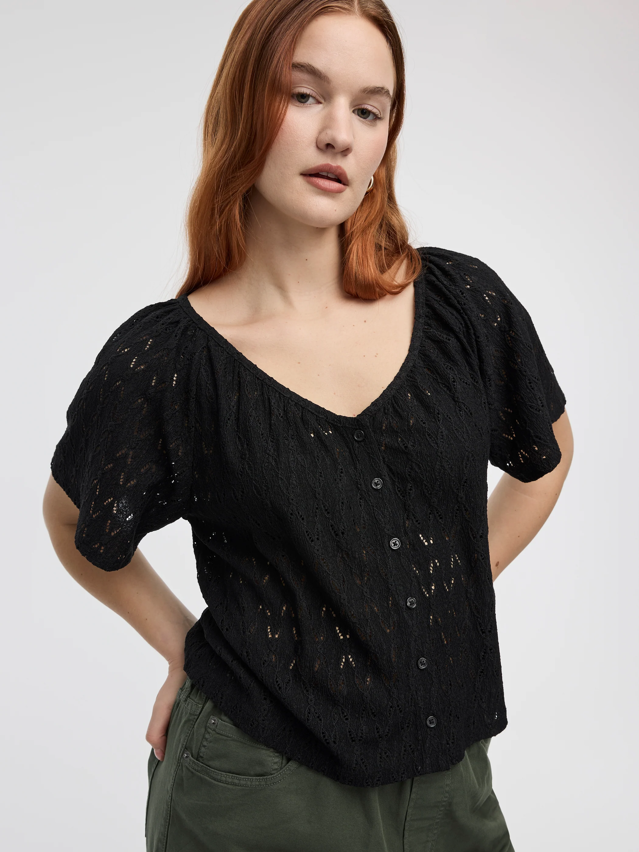 Short-Flutter-Sleeve V-Neck Buttoned-Down Blouse - Image 4