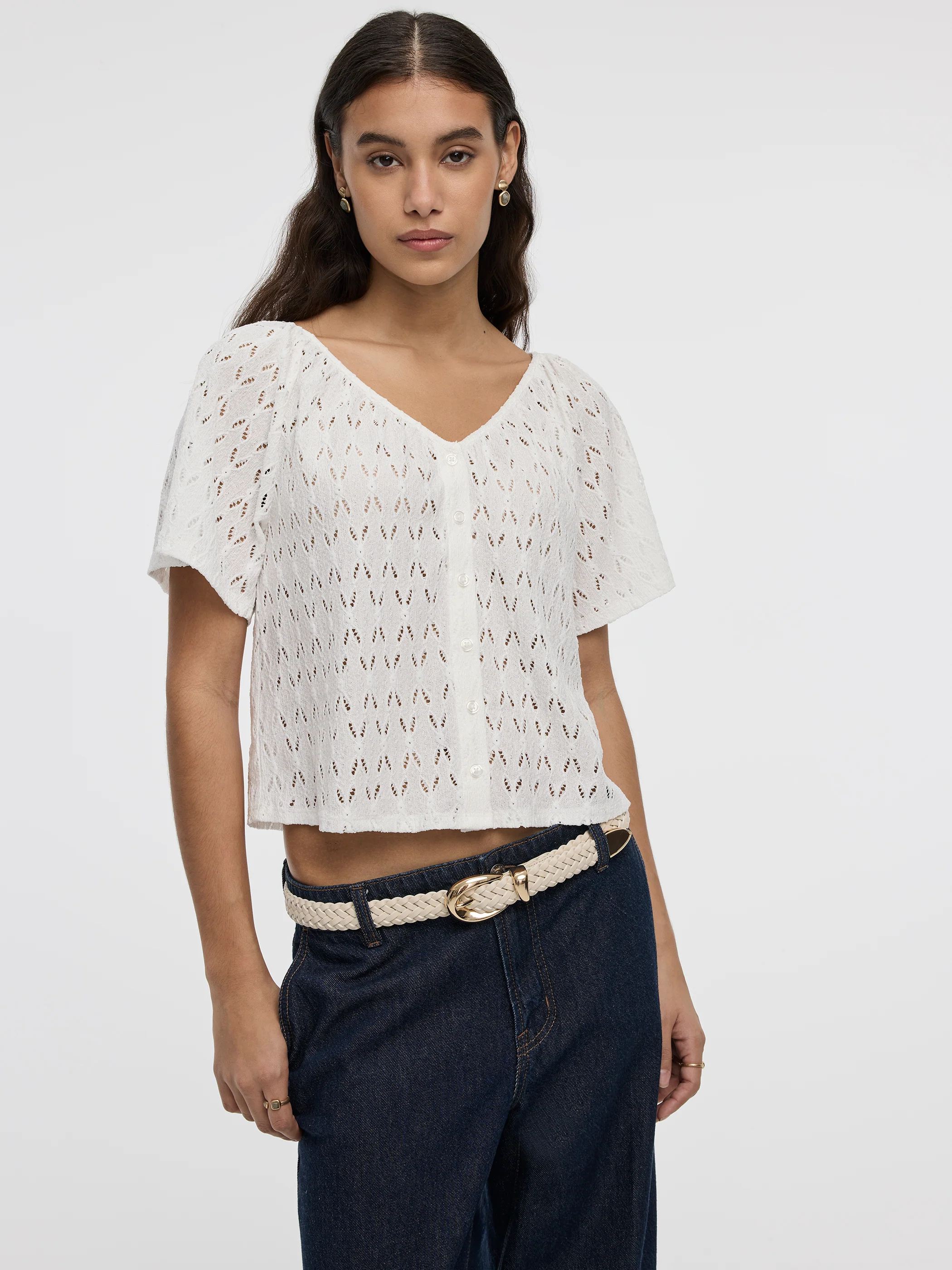 Short-Flutter-Sleeve V-Neck Buttoned-Down Blouse - Image 5
