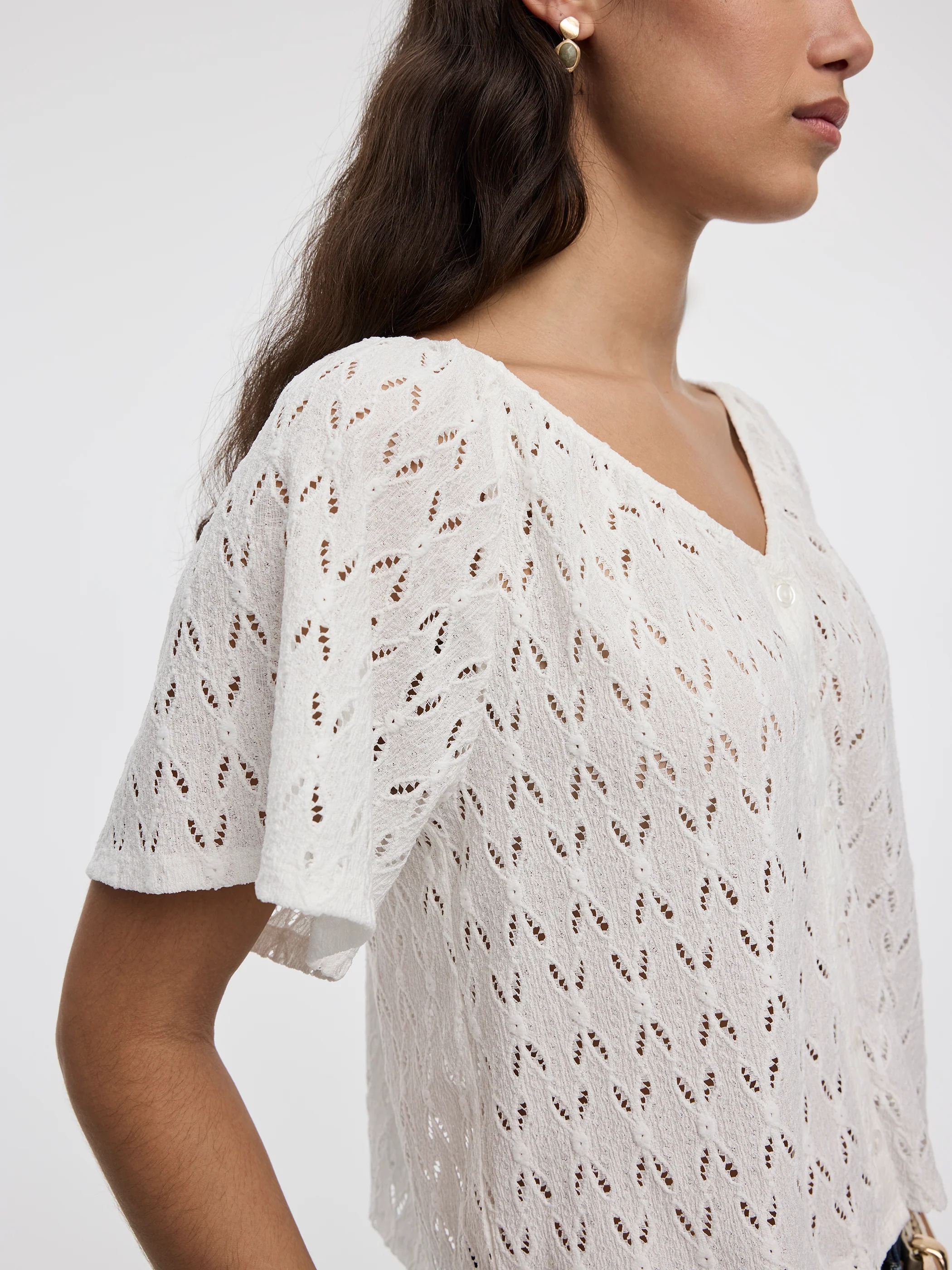 Short-Flutter-Sleeve V-Neck Buttoned-Down Blouse - Image 6