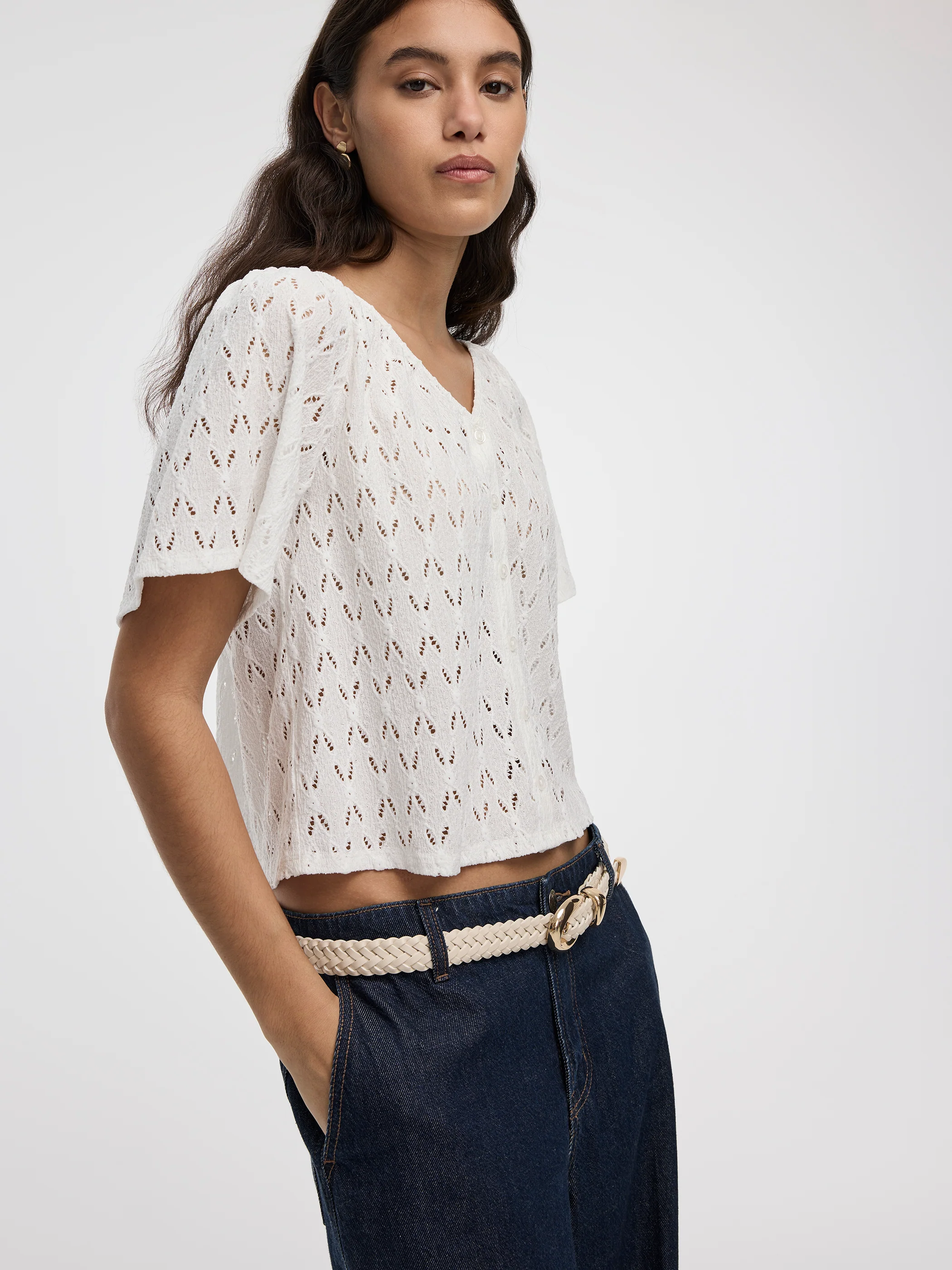 Short-Flutter-Sleeve V-Neck Buttoned-Down Blouse - Image 8