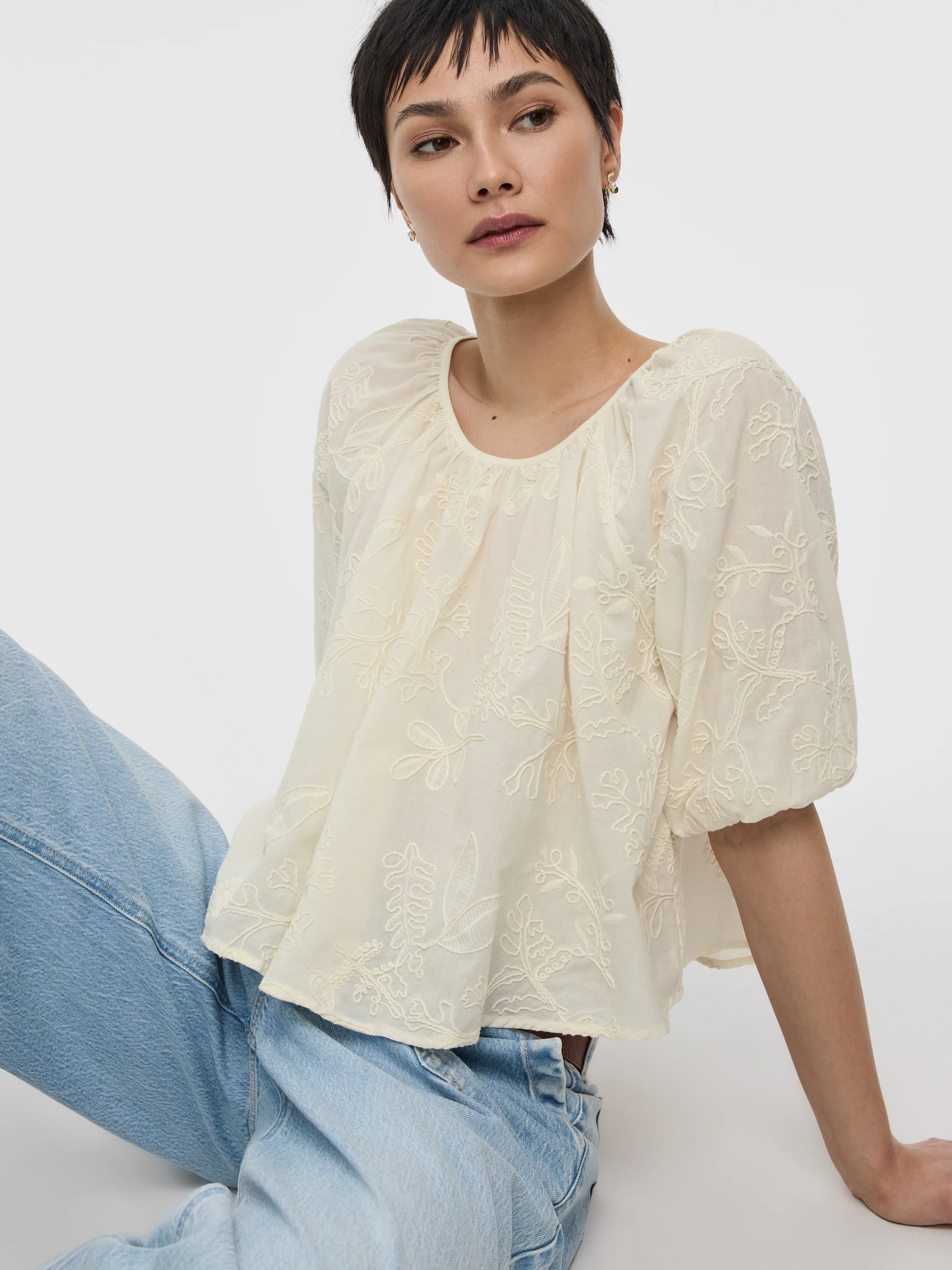 Elbow-Sleeve Scoop-Neck Eyelet Blouse - Image 4