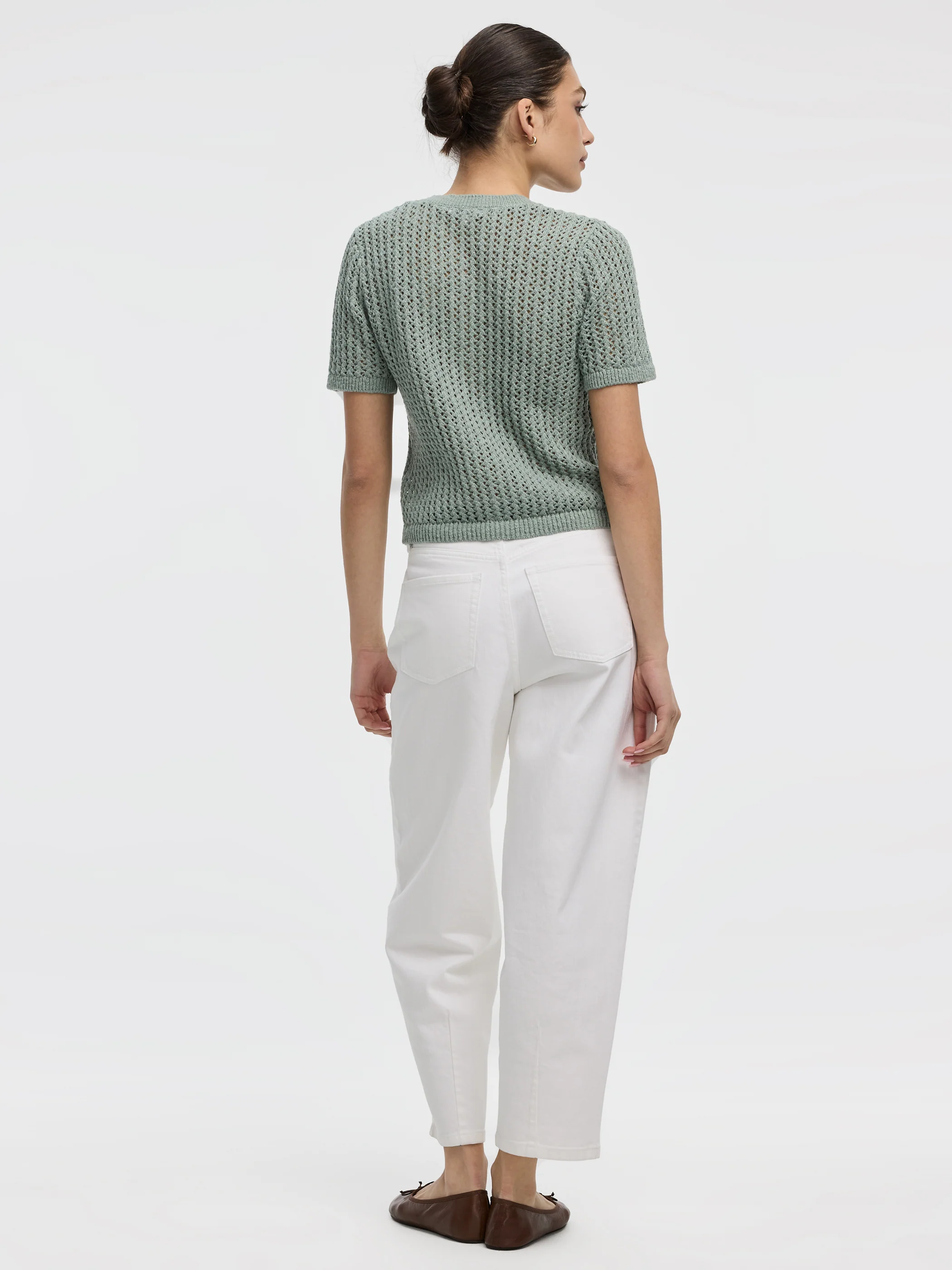 Short-Sleeve Crew-Neck Cardigan with Pointelle Stitches - Image 3