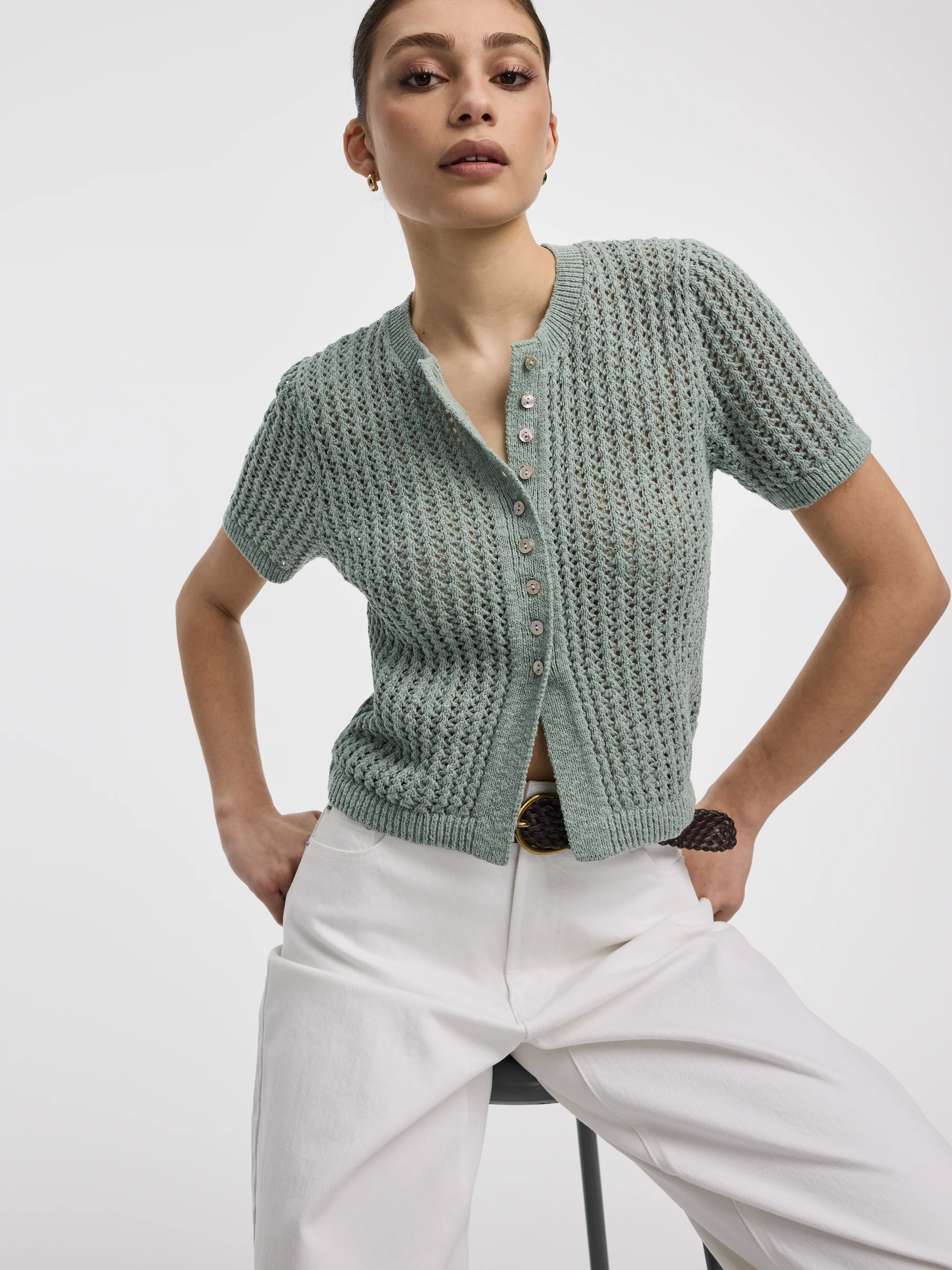 Short-Sleeve Crew-Neck Cardigan with Pointelle Stitches - Image 4