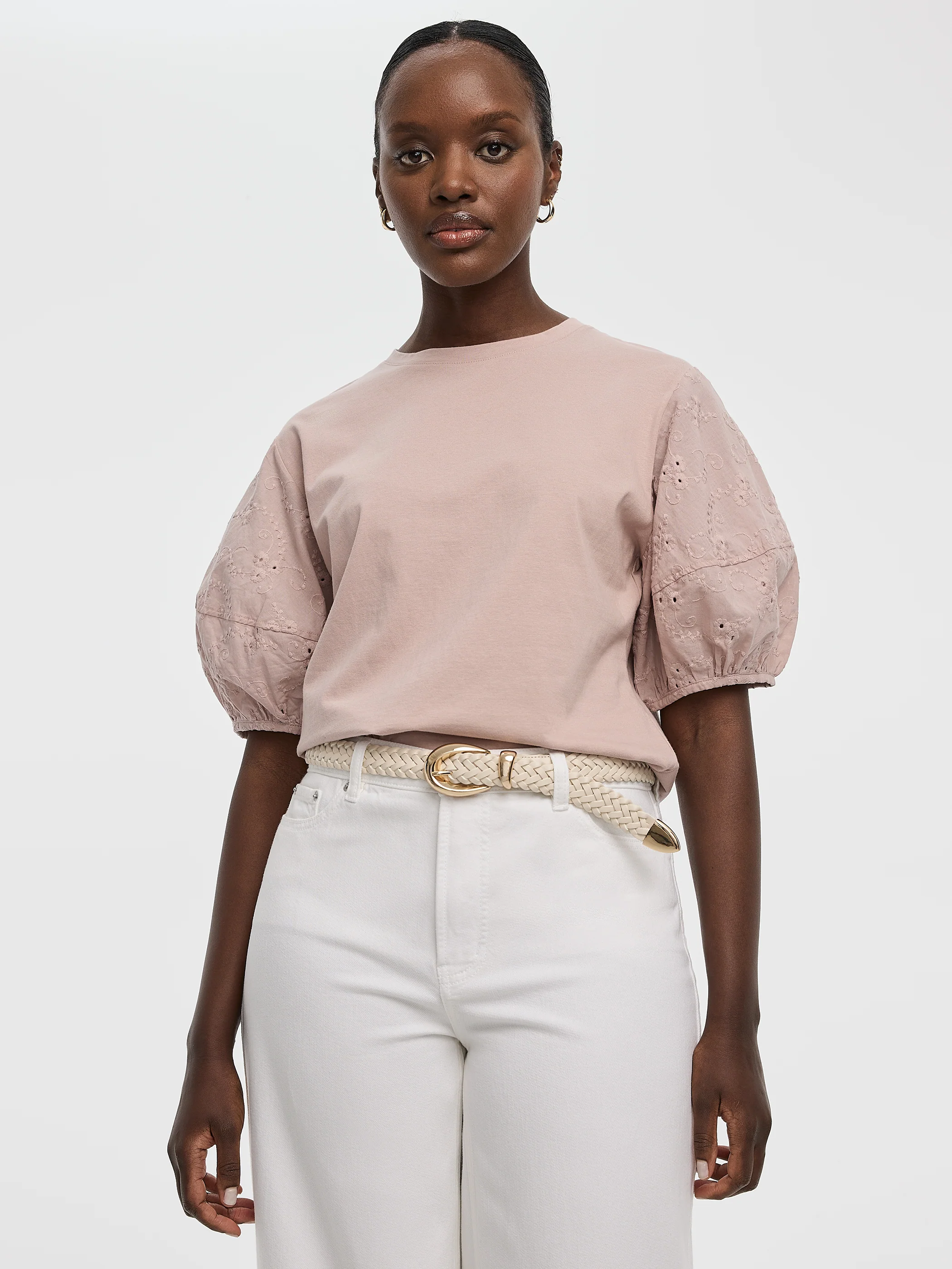 Crew-Neck Mix-Media Top with Short Puffy Sleeves - Image 10
