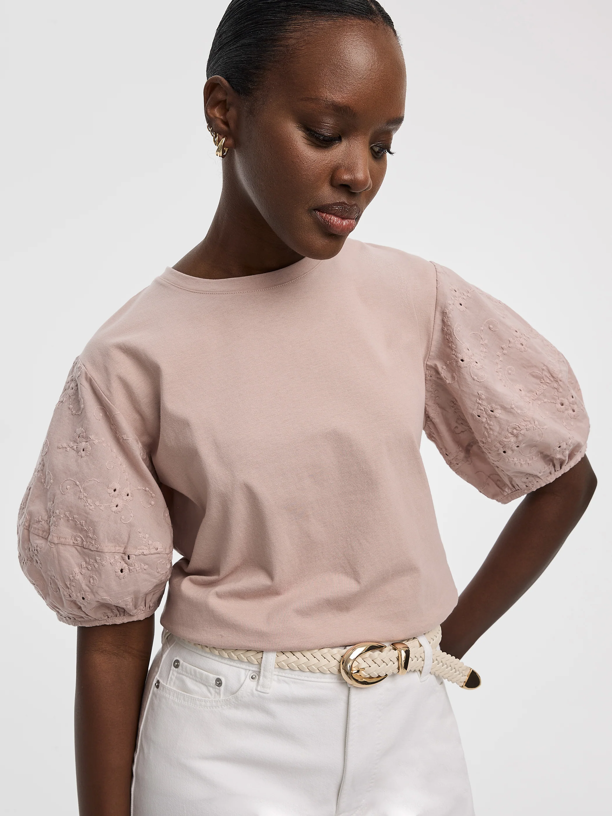 Crew-Neck Mix-Media Top with Short Puffy Sleeves - Image 13