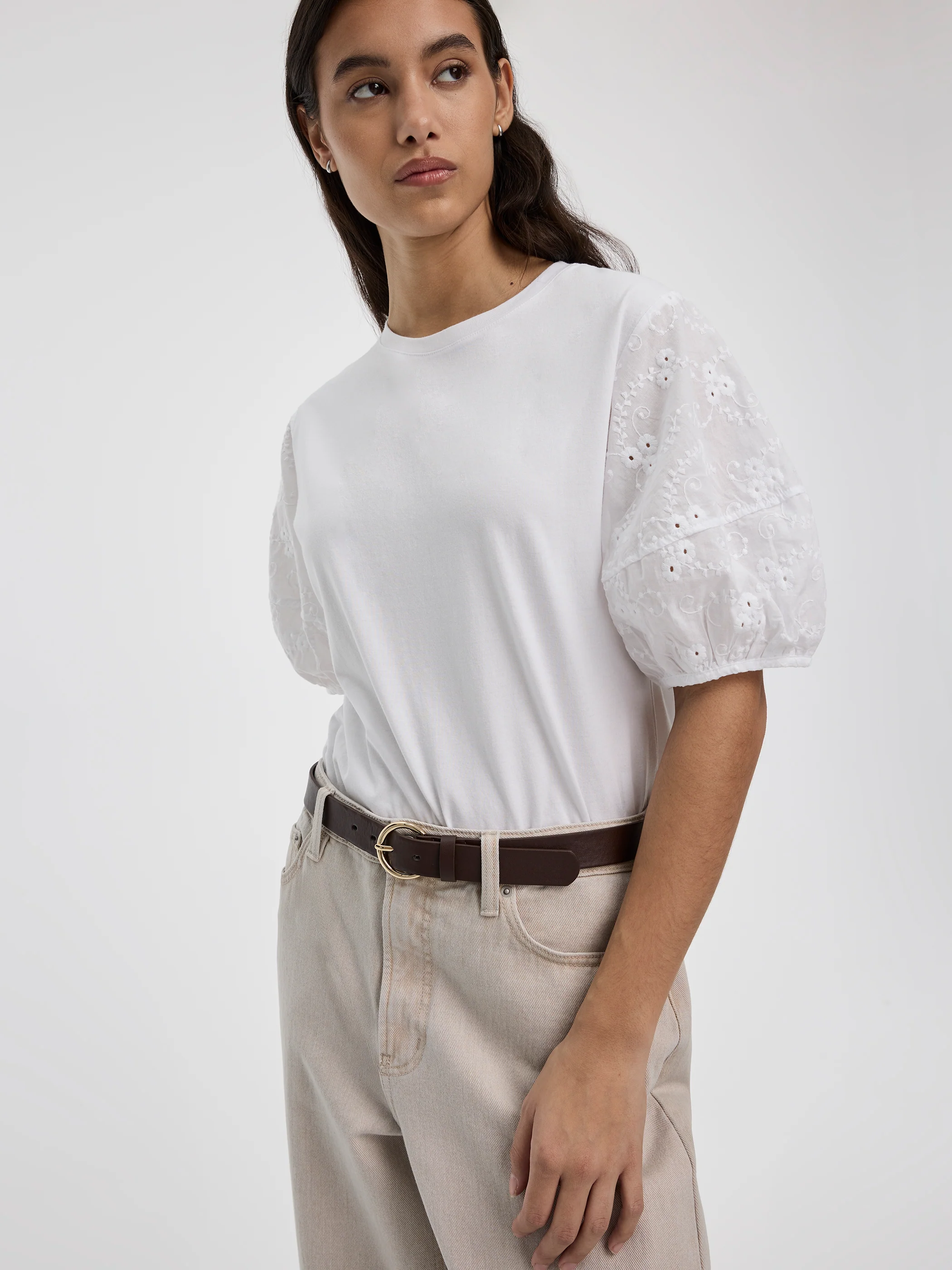 Crew-Neck Mix-Media Top with Short Puffy Sleeves - Image 4