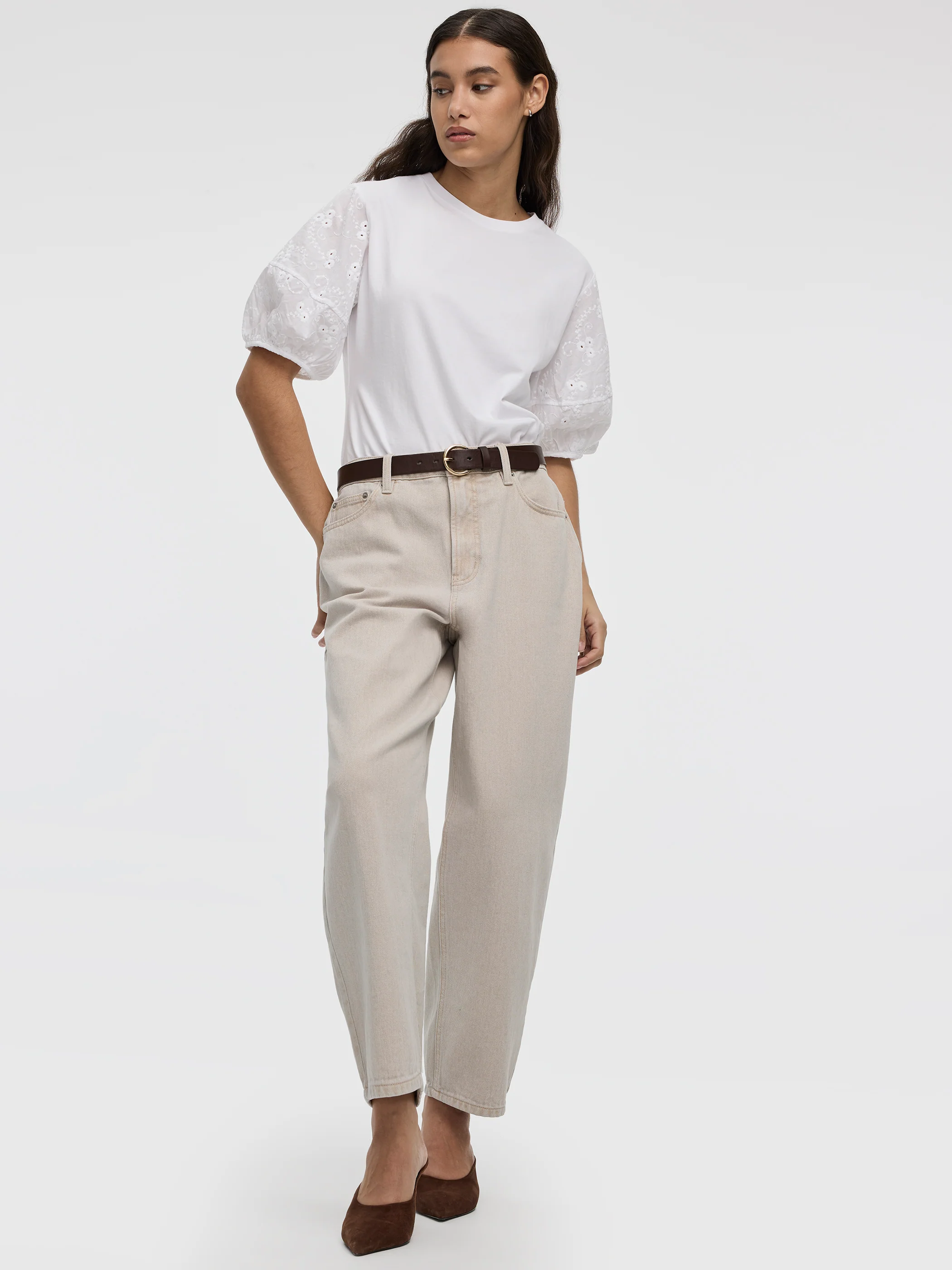 Crew-Neck Mix-Media Top with Short Puffy Sleeves - Image 5