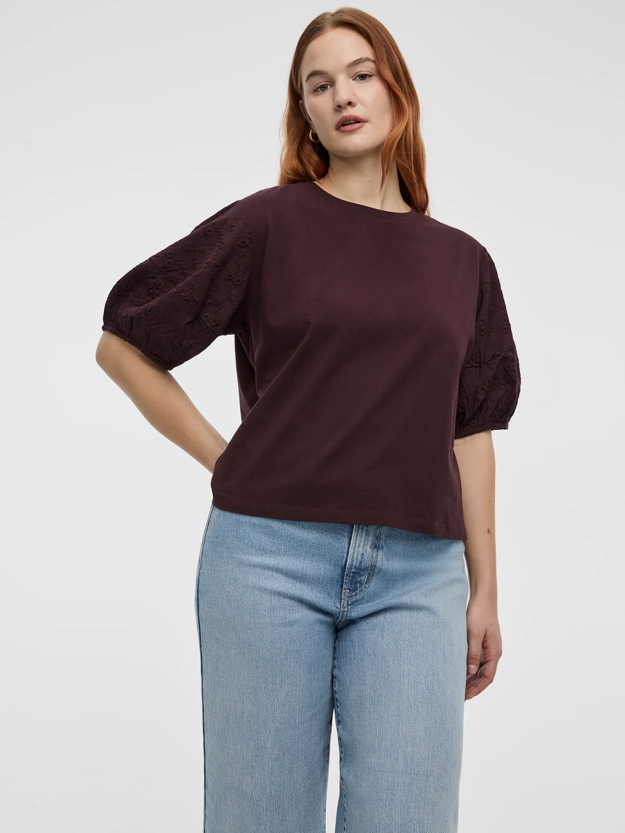 Crew-Neck Mix-Media Top with Short Puffy Sleeves - Image 6