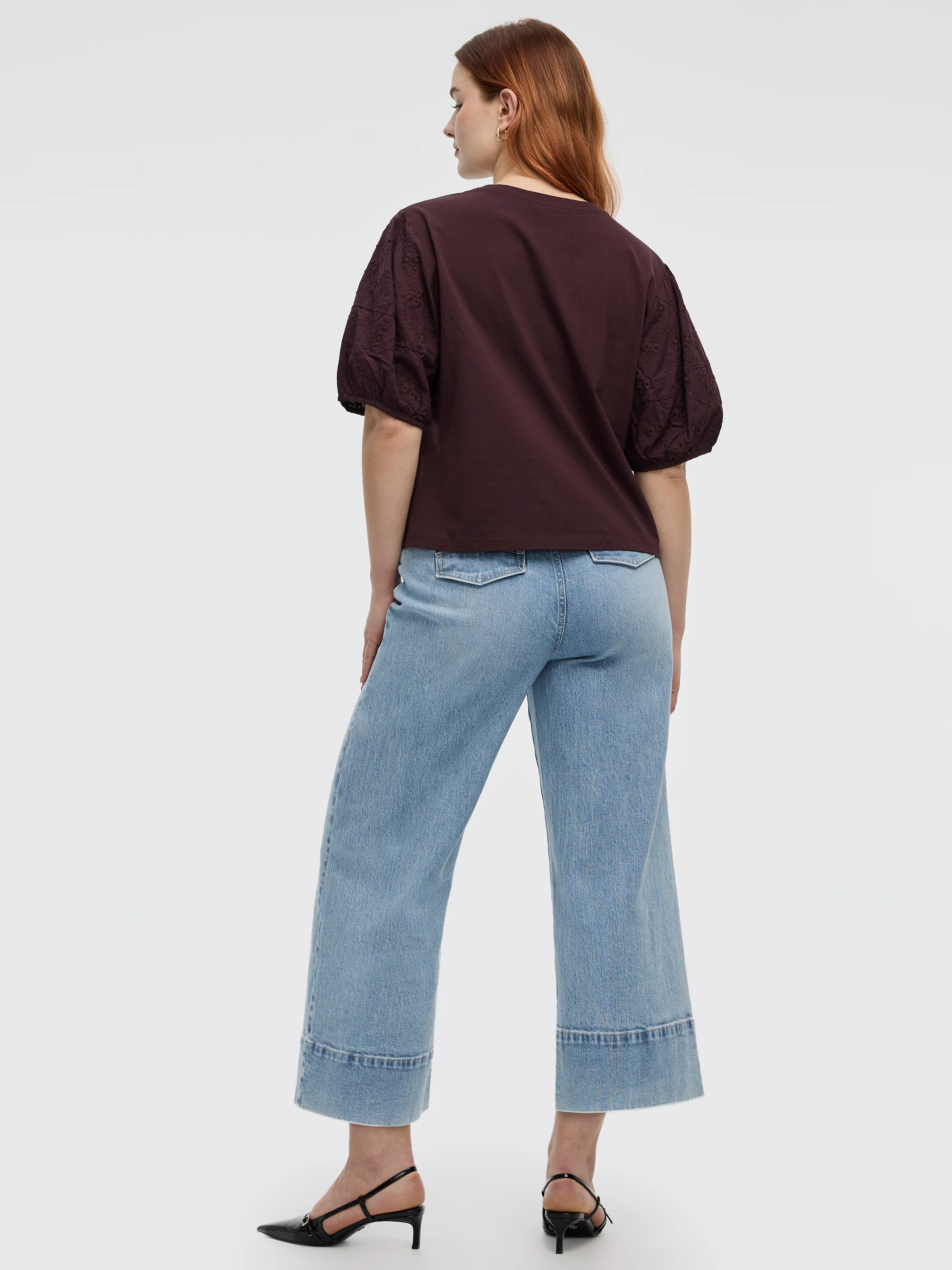 Crew-Neck Mix-Media Top with Short Puffy Sleeves - Image 8