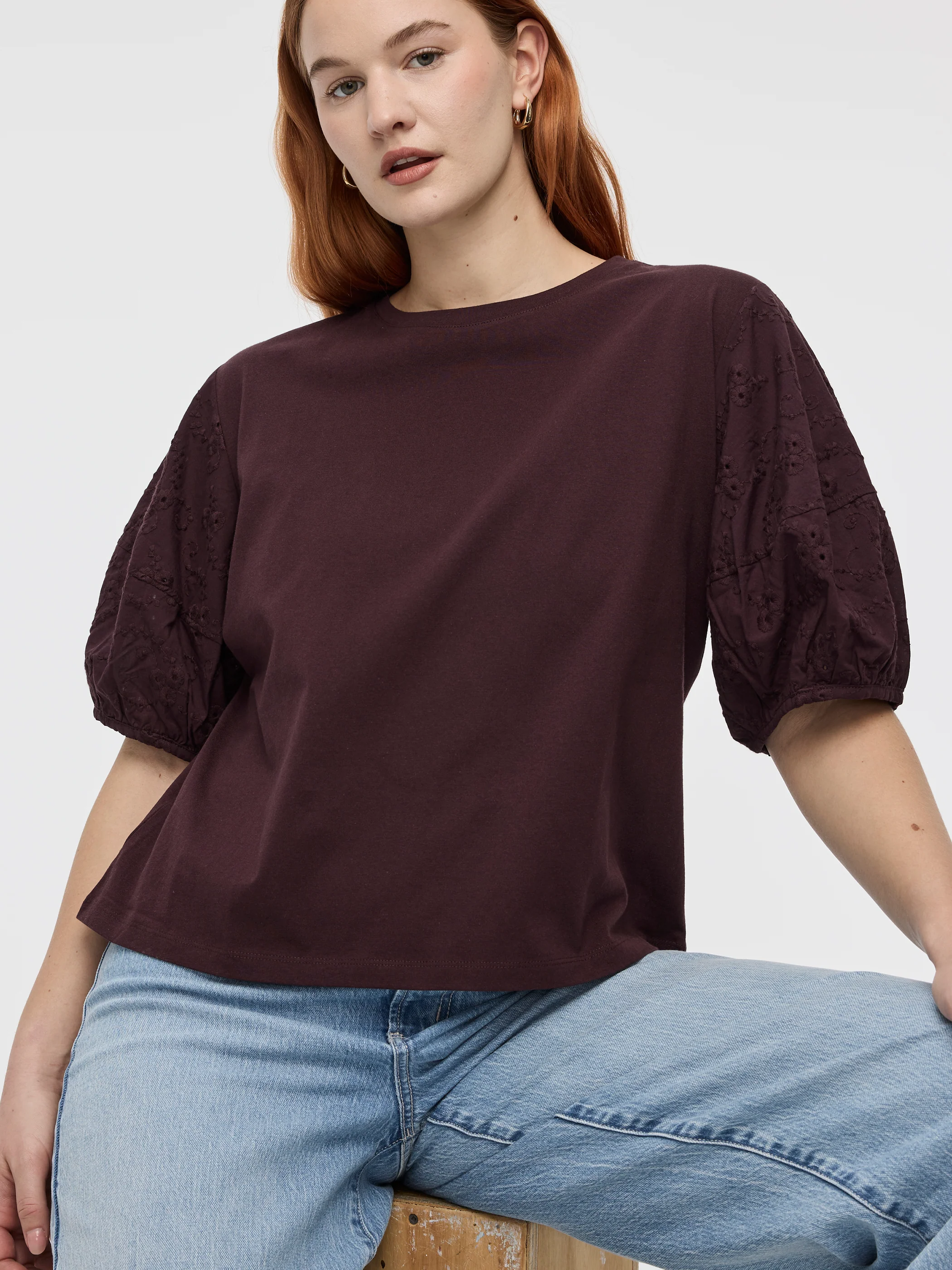 Crew-Neck Mix-Media Top with Short Puffy Sleeves - Image 9