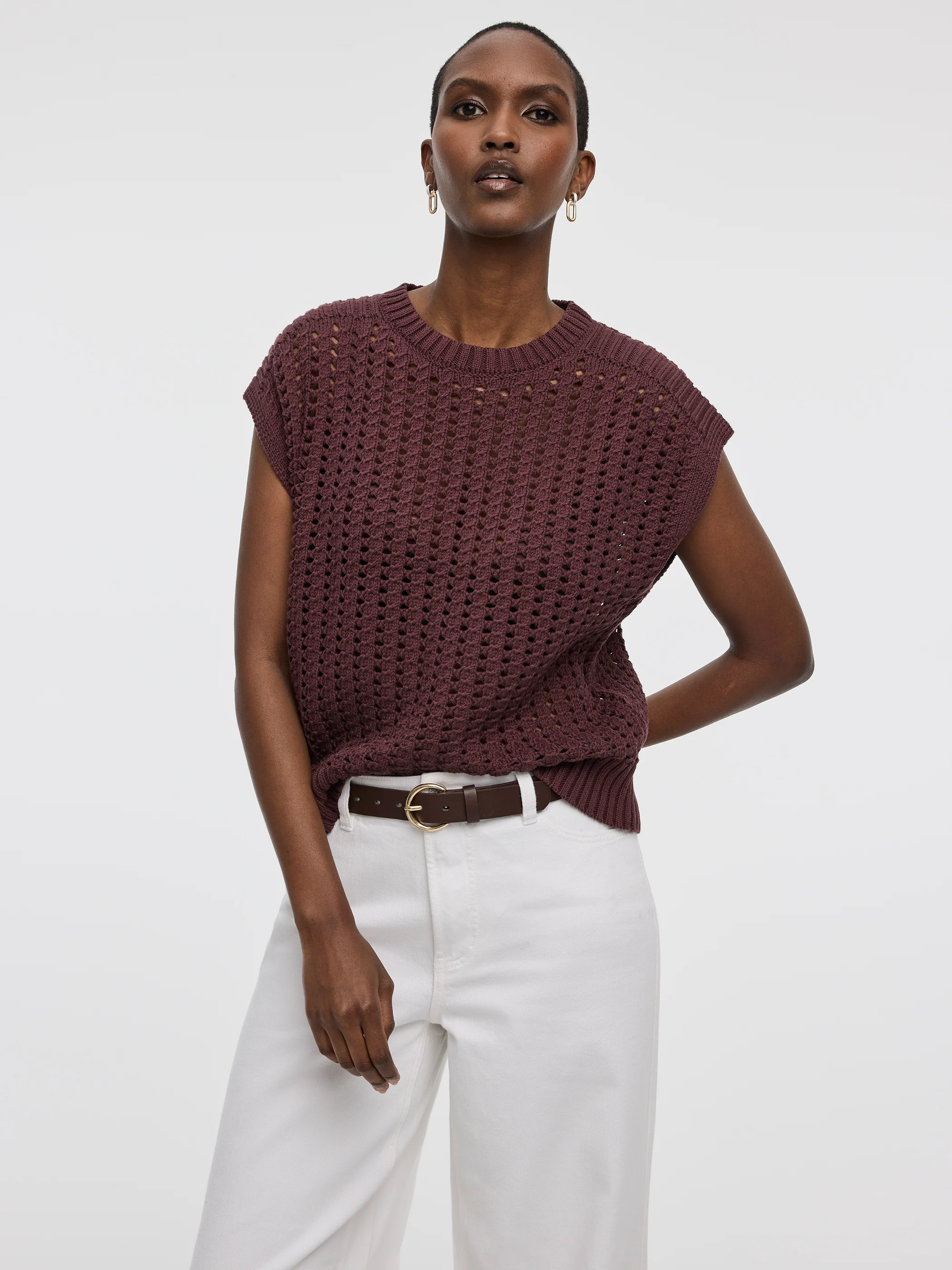 Extended-Sleeve Crew-Neck Sweater with Open Stitches - Image 13