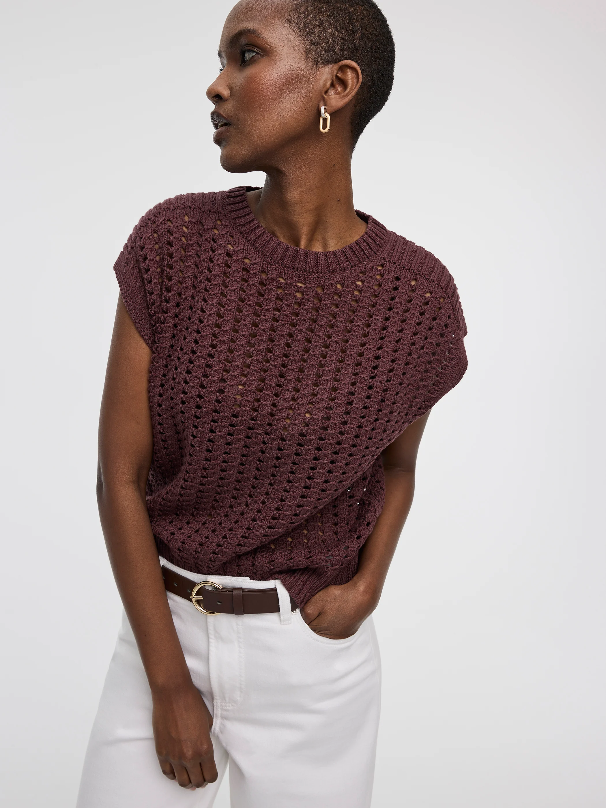 Extended-Sleeve Crew-Neck Sweater with Open Stitches - Image 16