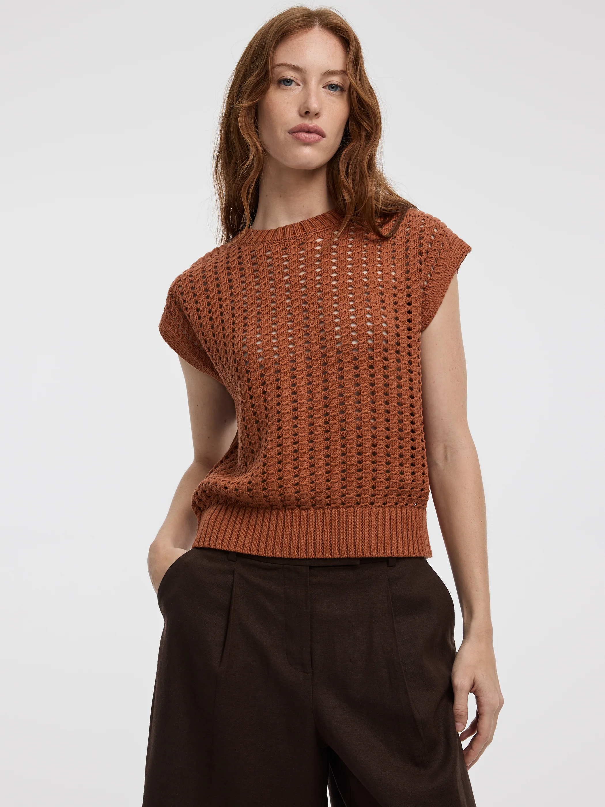 Extended-Sleeve Crew-Neck Sweater with Open Stitches - Image 5