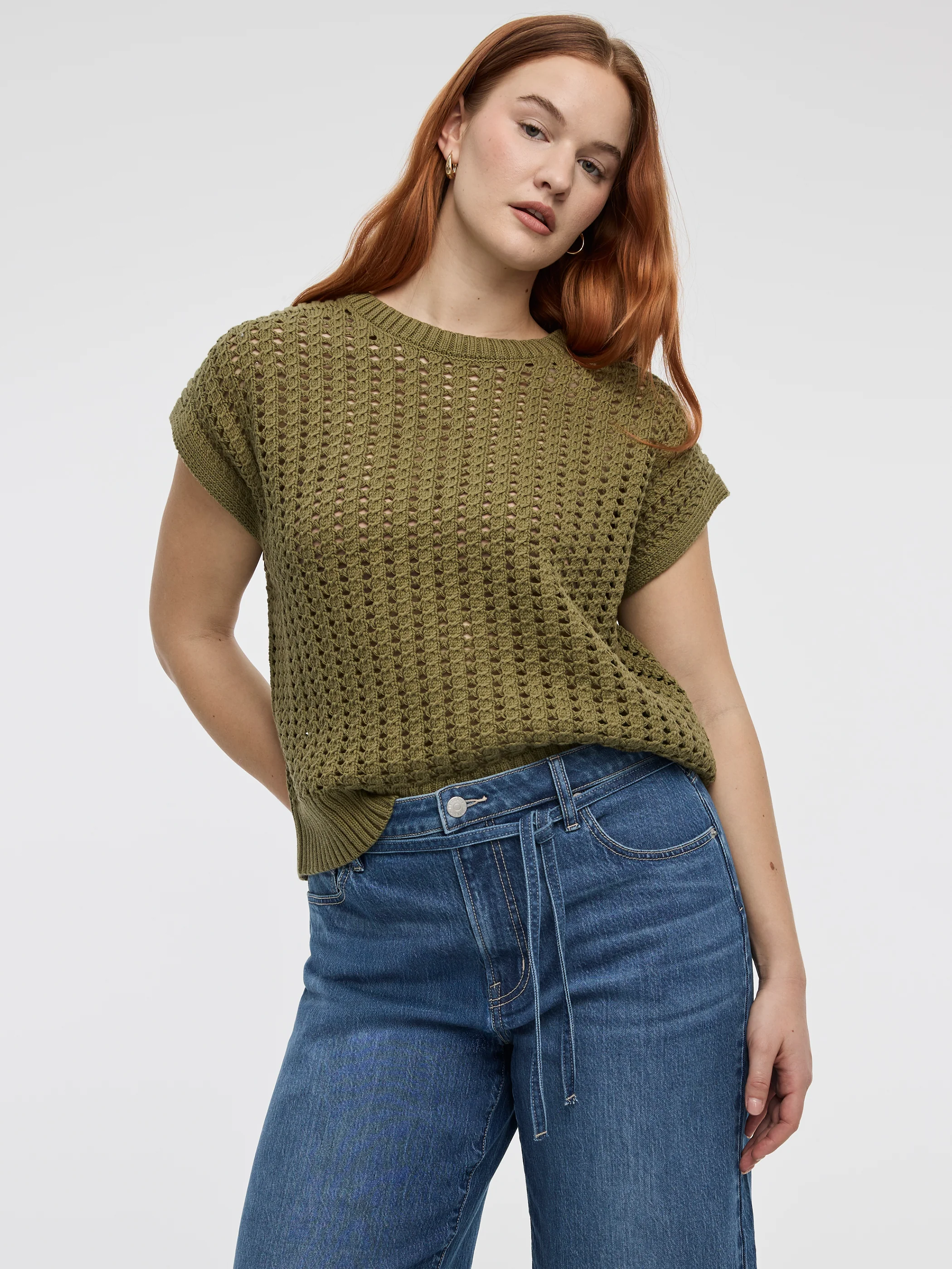 Extended-Sleeve Crew-Neck Sweater with Open Stitches - Image 9