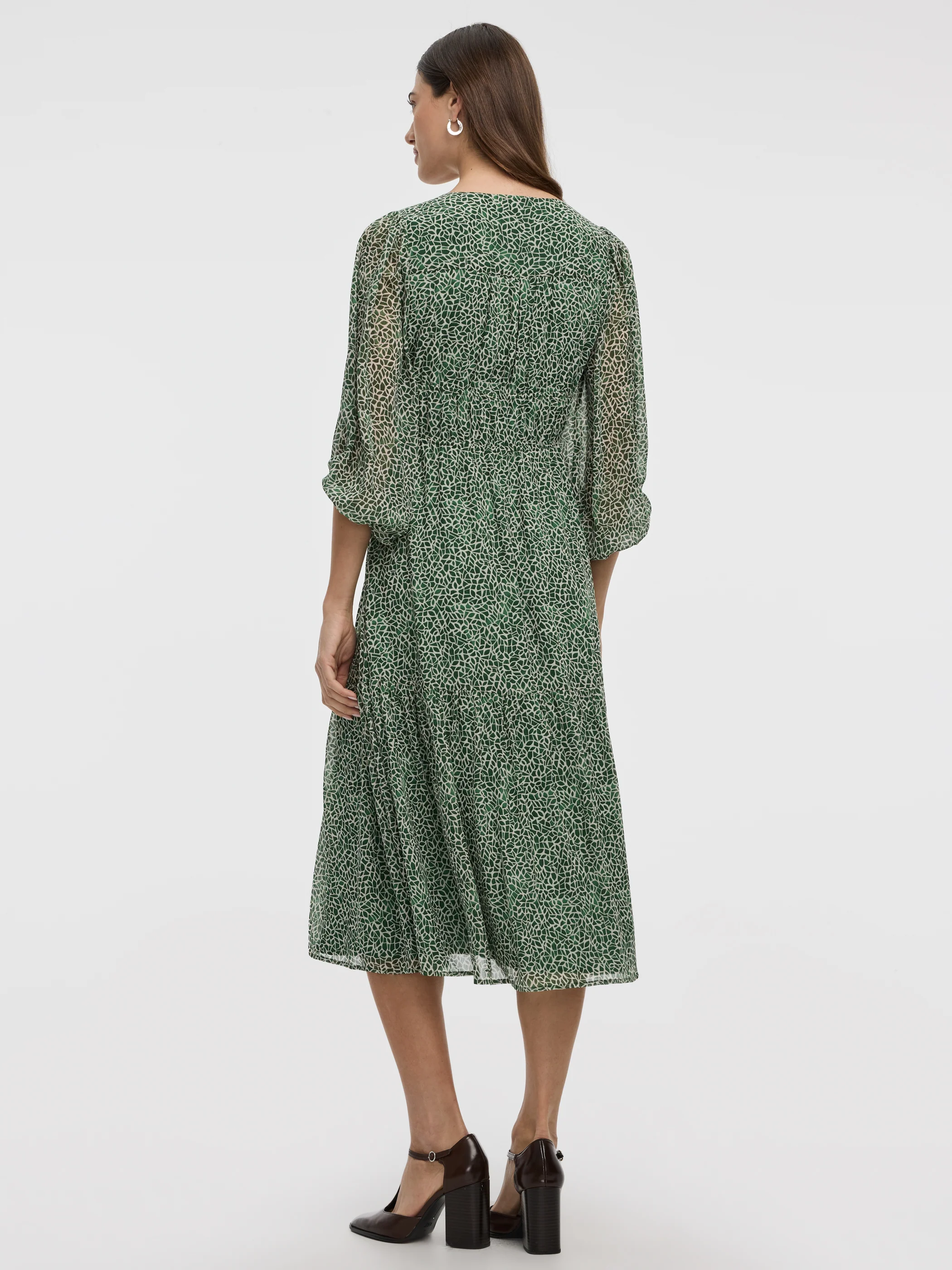 V-Neck Empire Midi Dress with Sheer Sleeves - Image 3