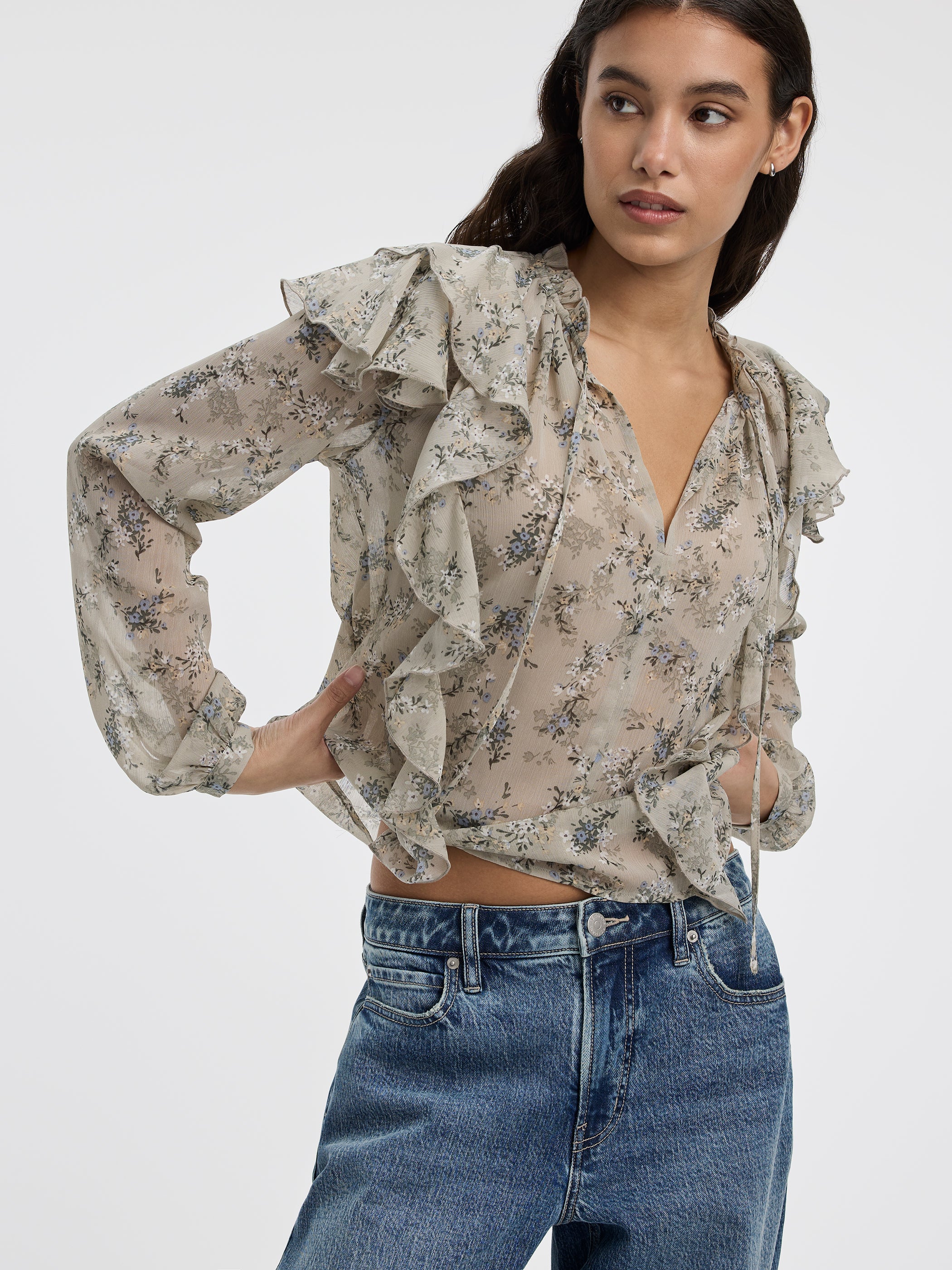 Long-Sleeve Split-Neck Blouse with Ruffled Details - Image 4