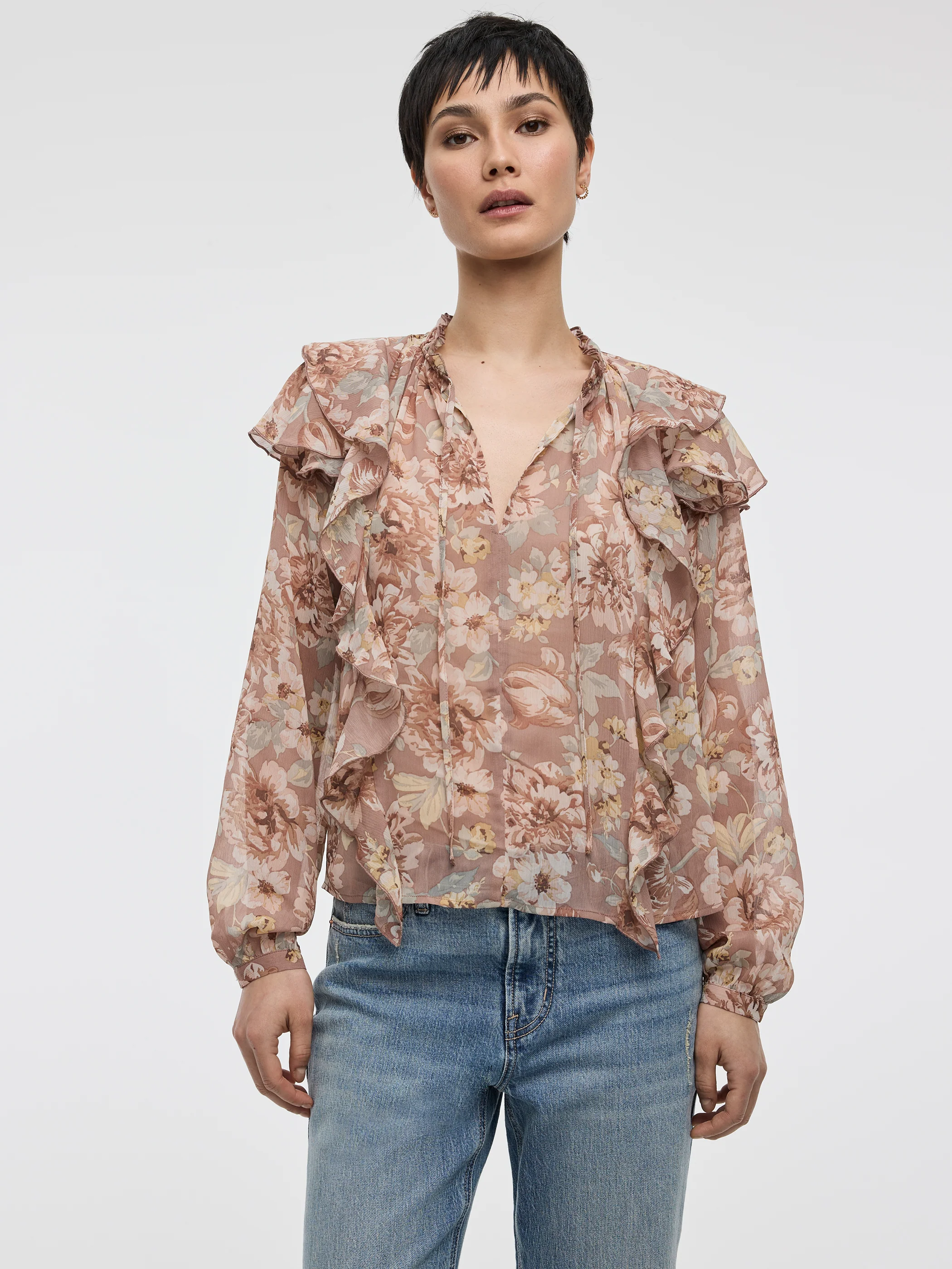 Long-Sleeve Split-Neck Blouse with Ruffled Details - Image 5
