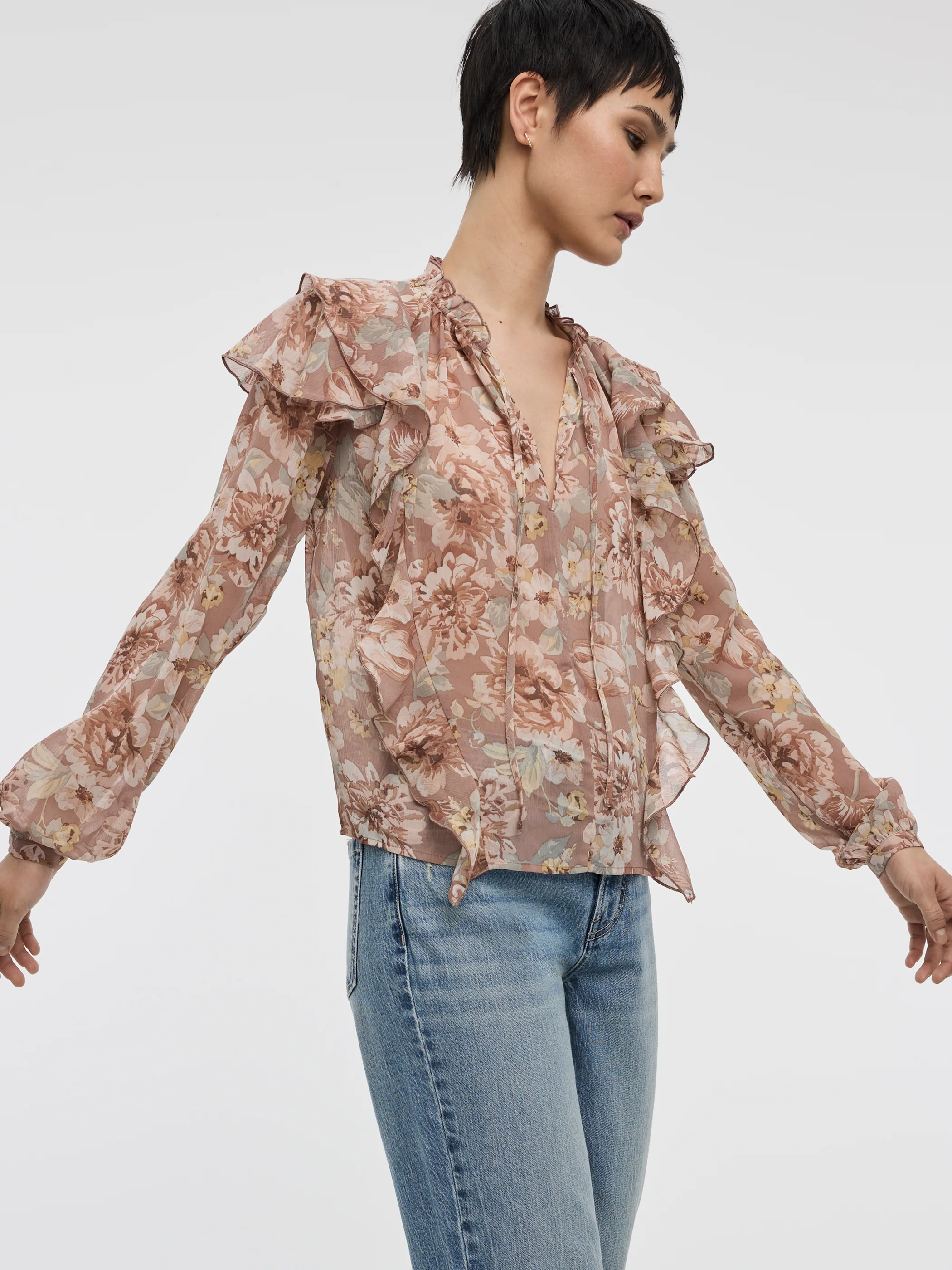 Long-Sleeve Split-Neck Blouse with Ruffled Details - Image 8
