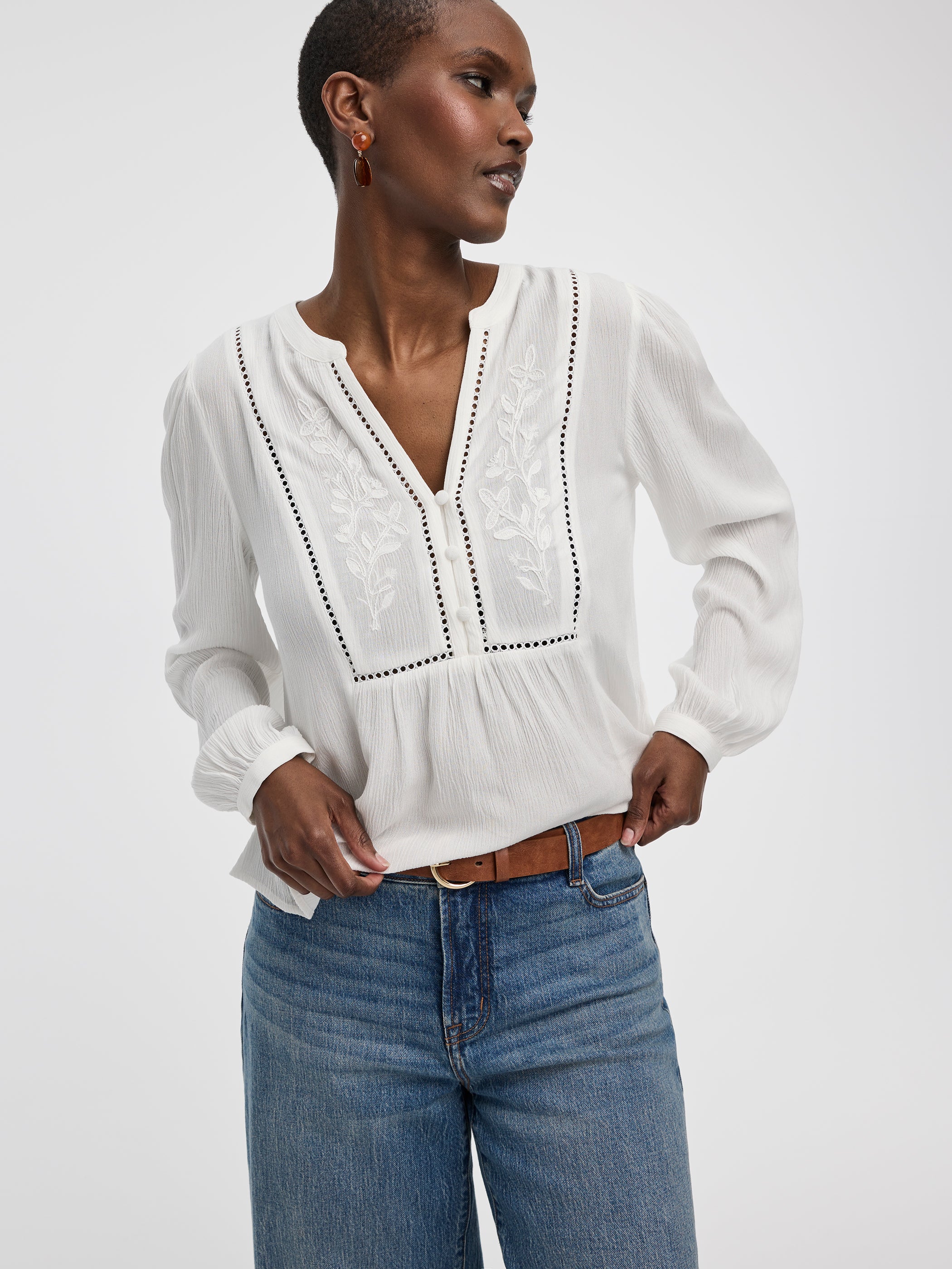 Long-Sleeve Split-Neck Blouse with Embroideries - Image 4