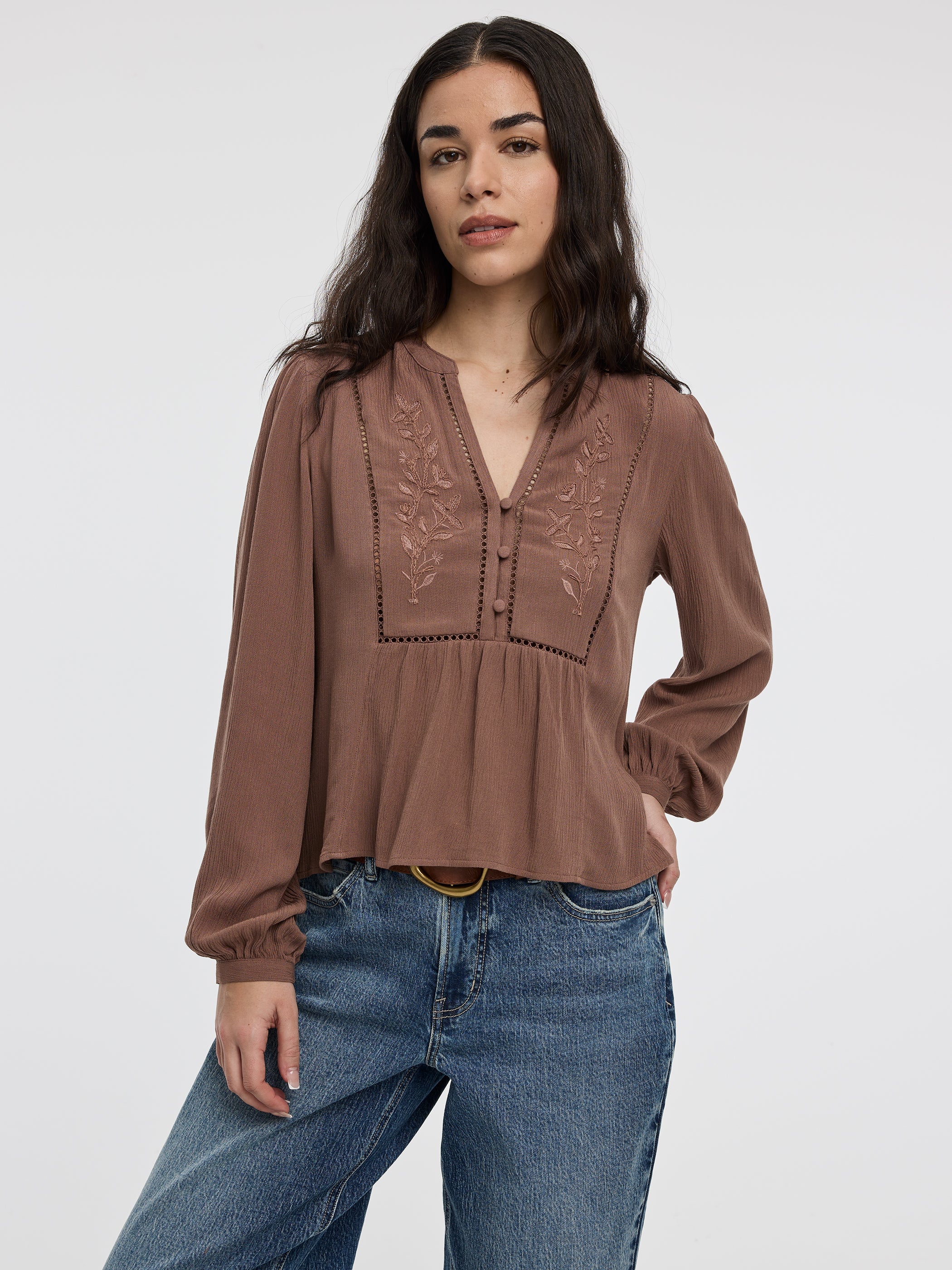 Long-Sleeve Split-Neck Blouse with Embroideries - Image 5