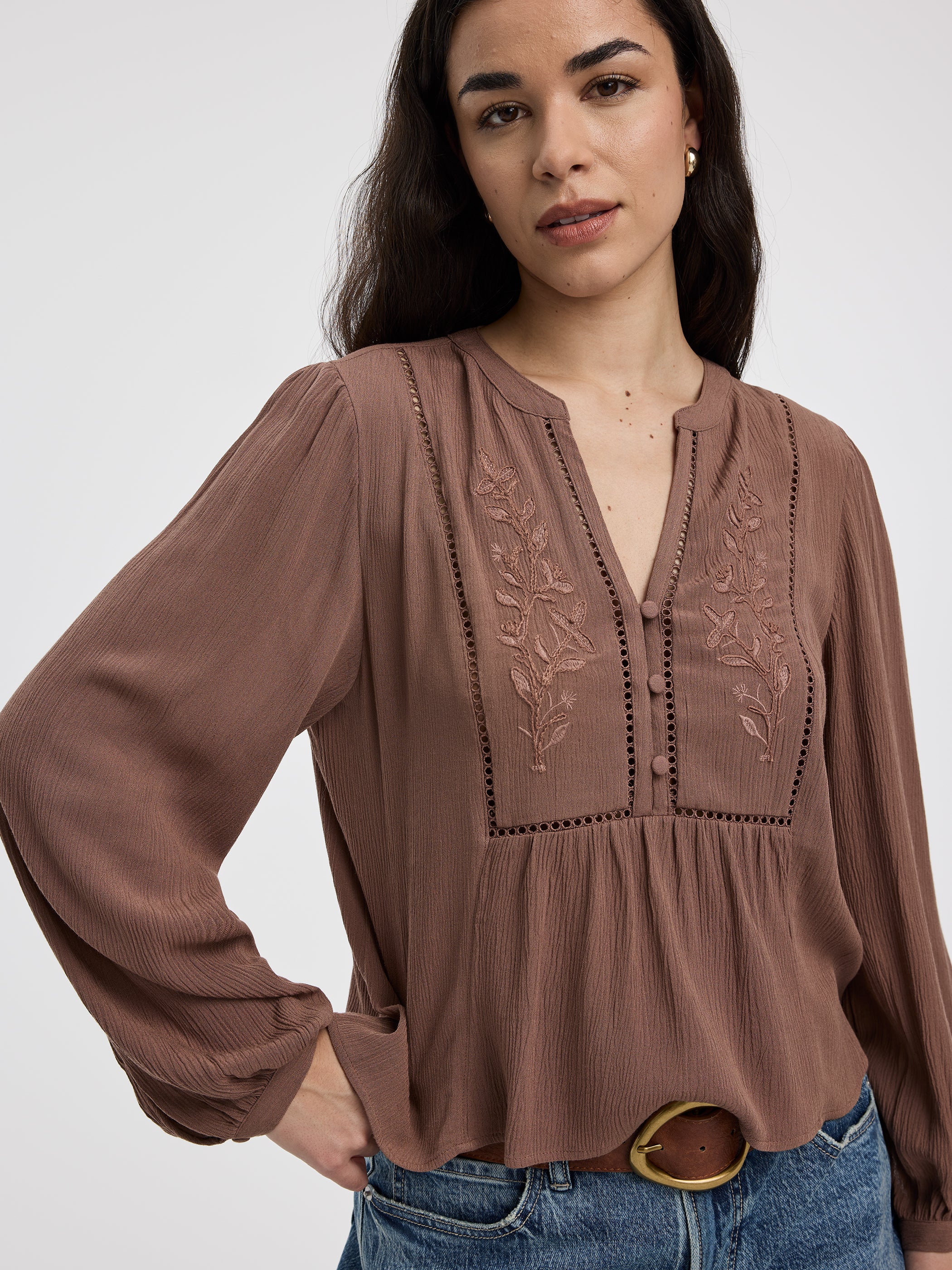 Long-Sleeve Split-Neck Blouse with Embroideries - Image 8