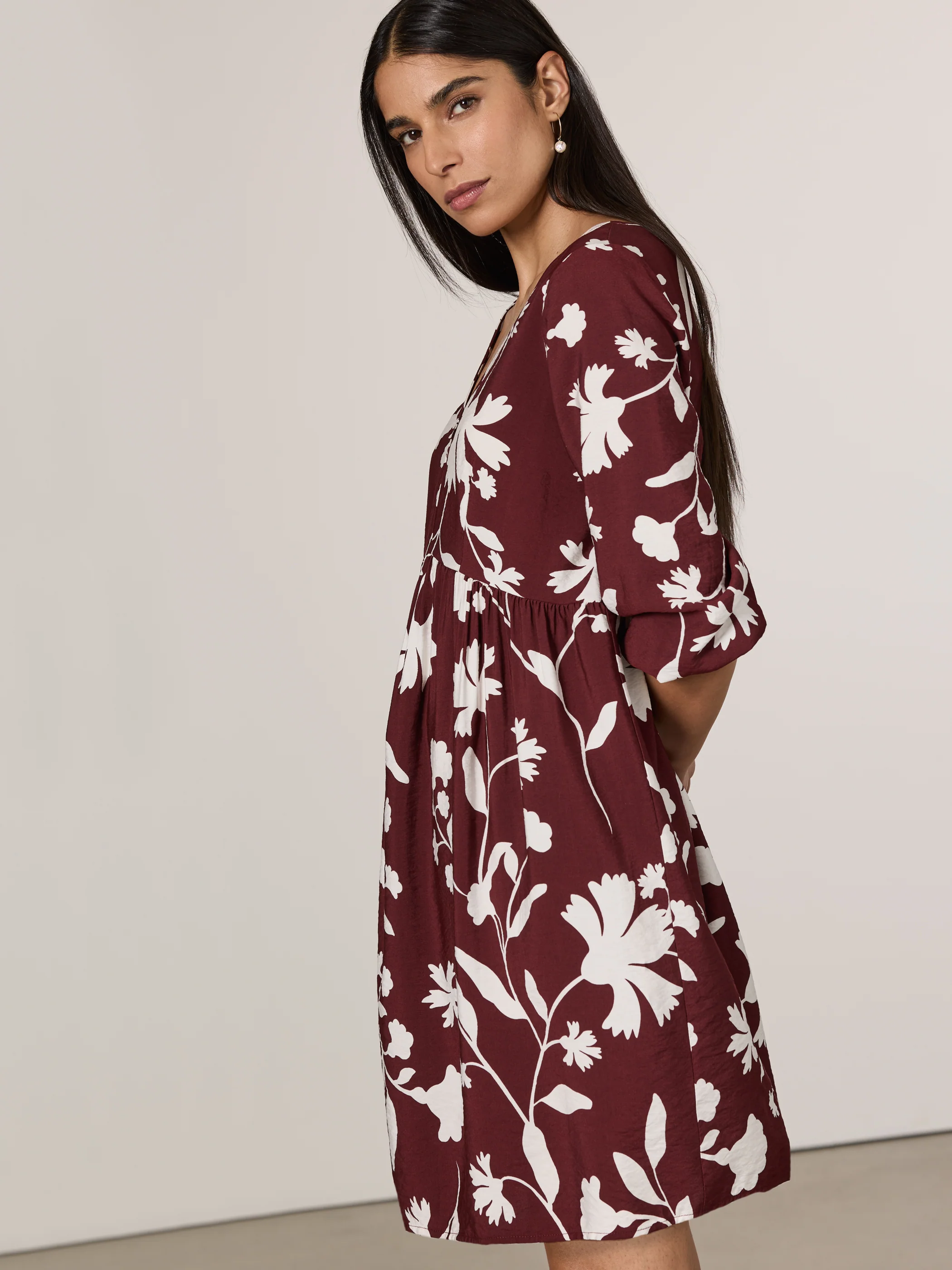Long-Sleeve V-Neck Empire-Cut Mini Dress - Image 9
