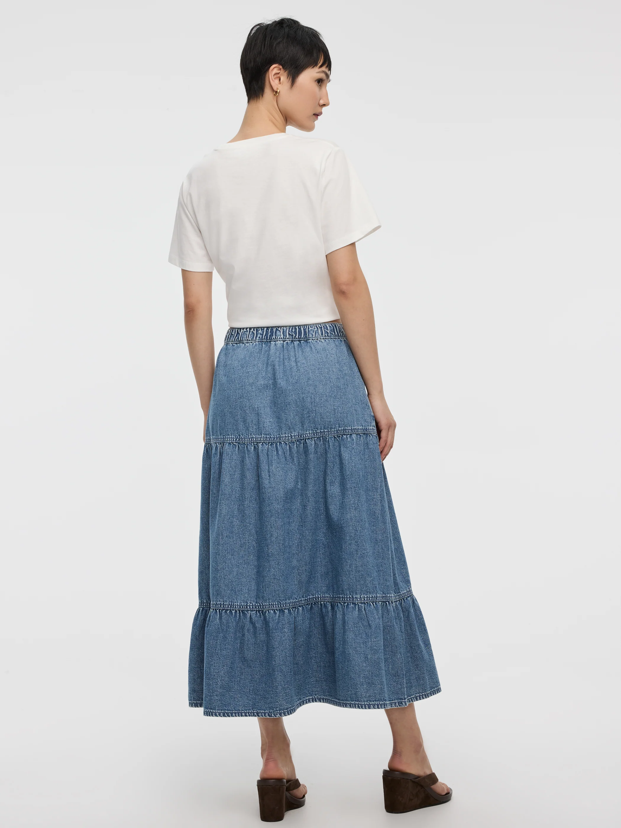 Pull-On Tiered Denim Midi Skirt - Image 4