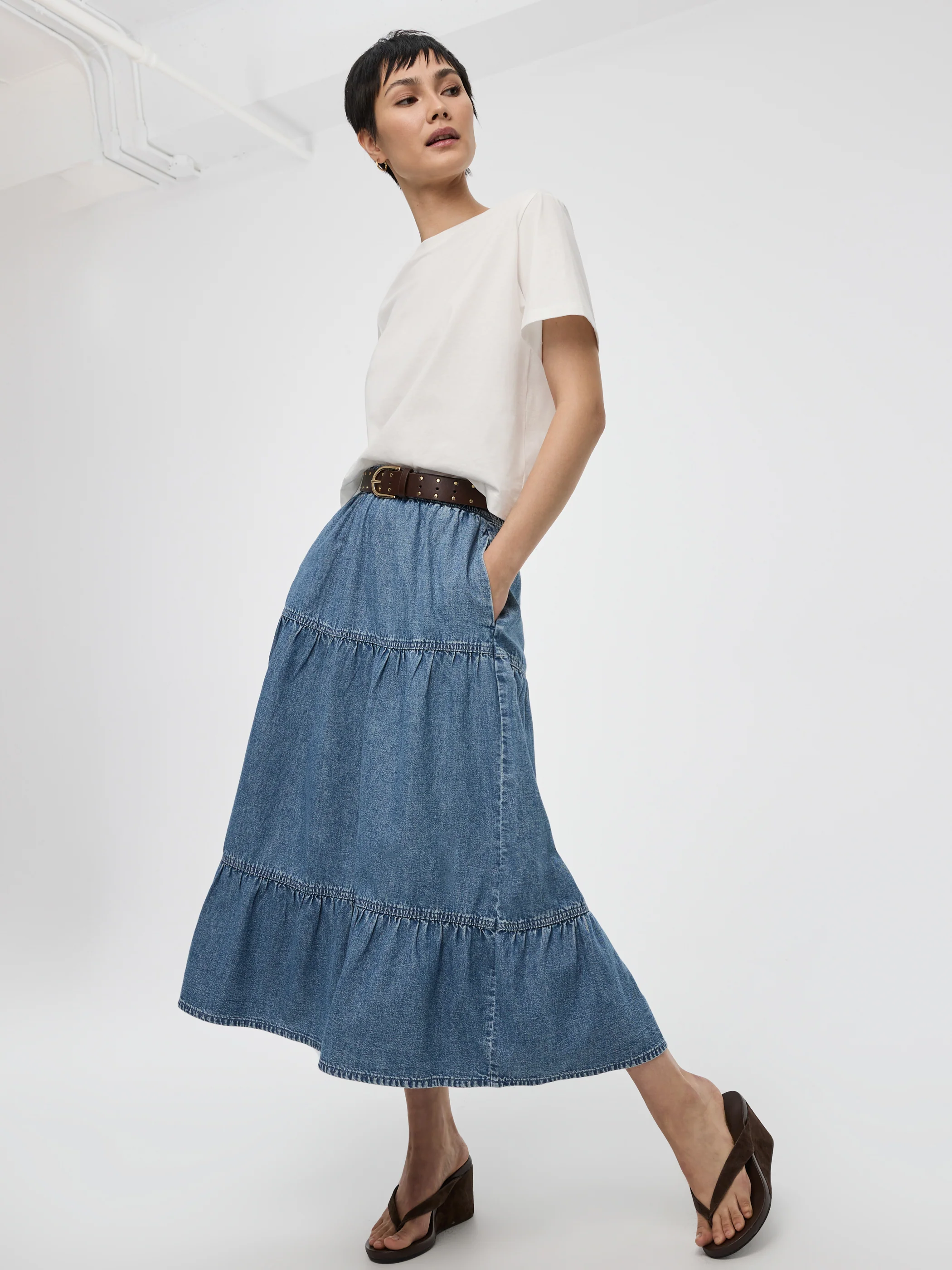 Pull-On Tiered Denim Midi Skirt - Image 5