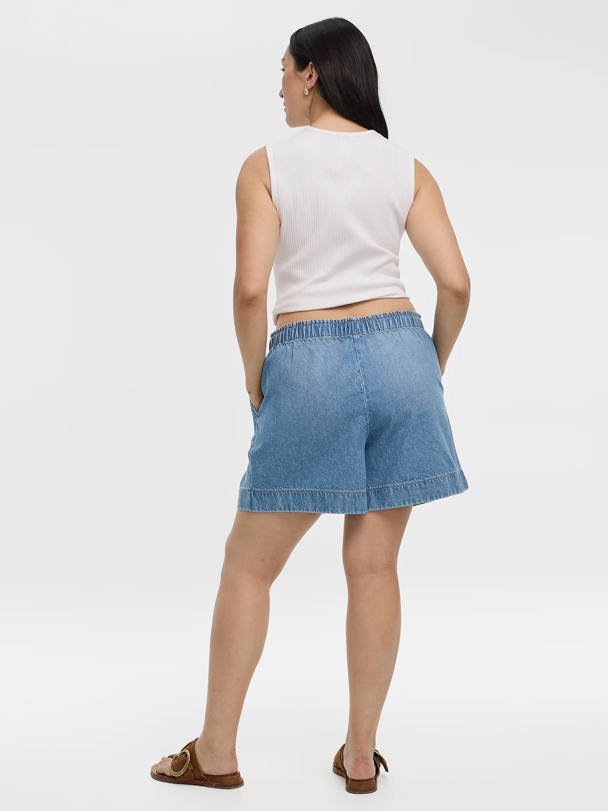 Cotton Denim Shorts with Elastic Waistband - Image 3