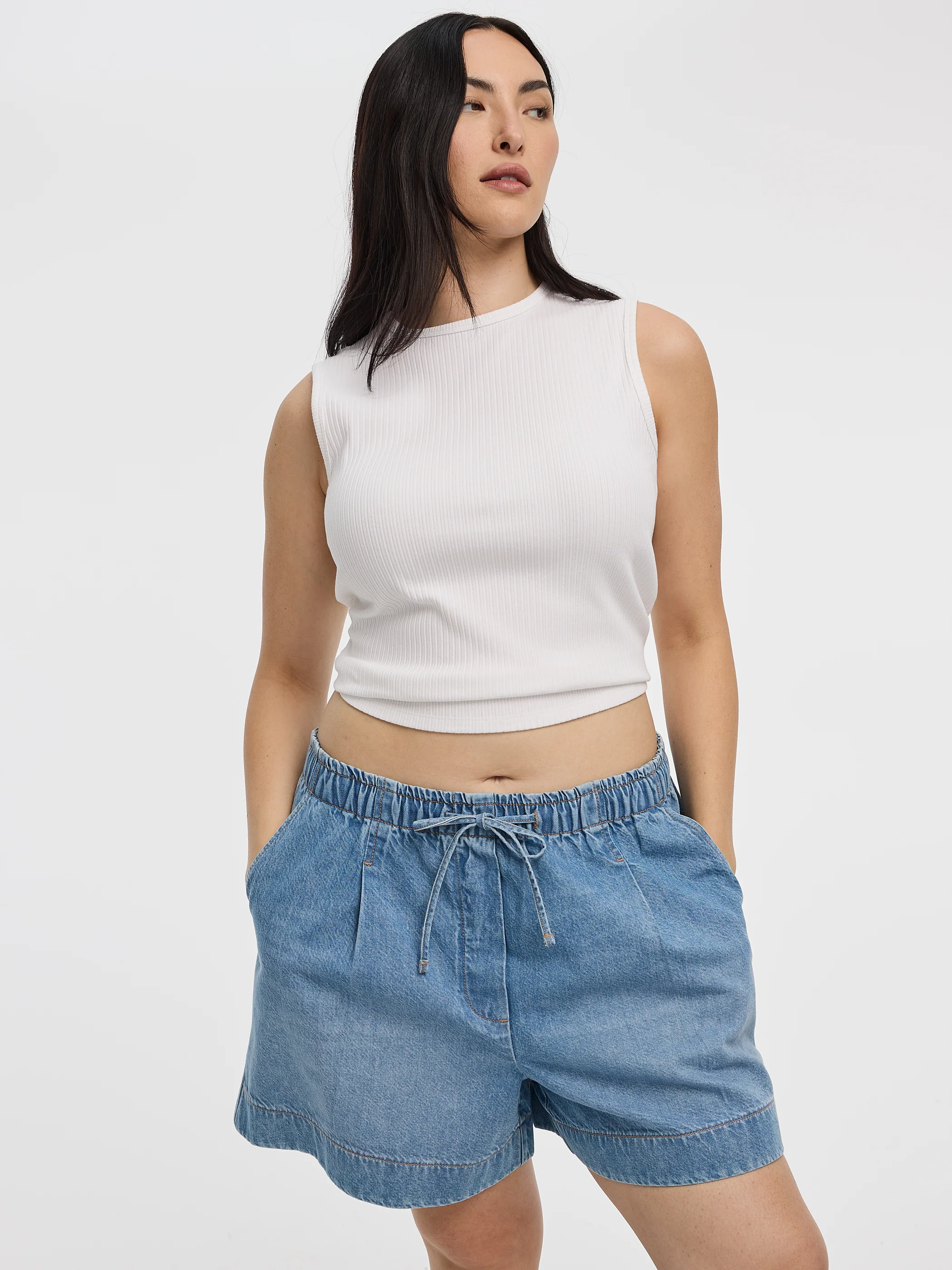 Cotton Denim Shorts with Elastic Waistband - Image 4