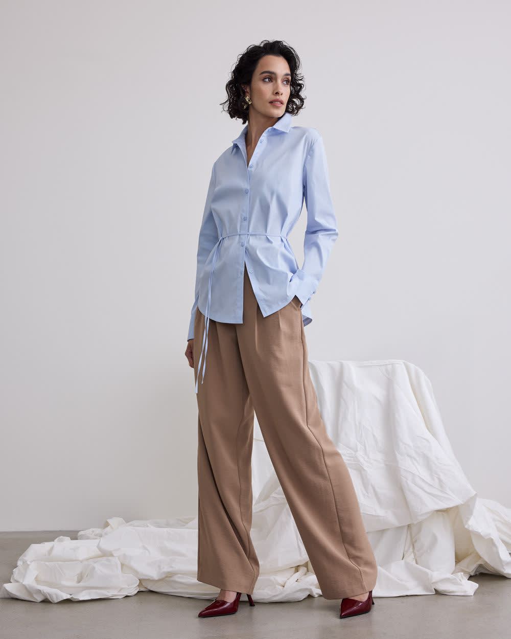 Long-Sleeve Poplin Shirt with Self-Tie Sash - Image 3