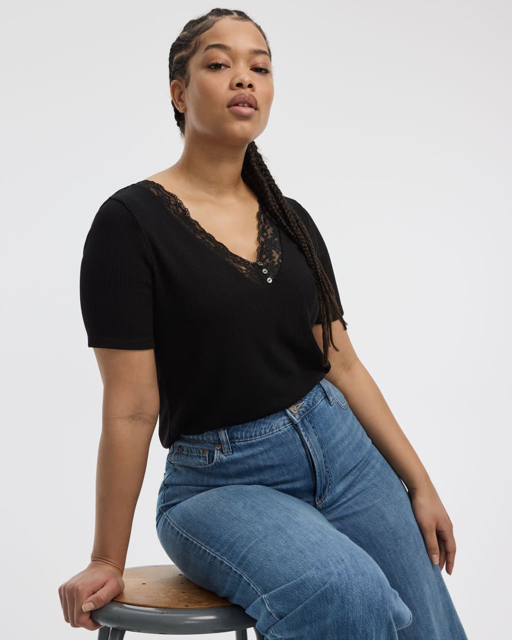 Short-Sleeve V-Neck Tee with Lace Trim - Image 4
