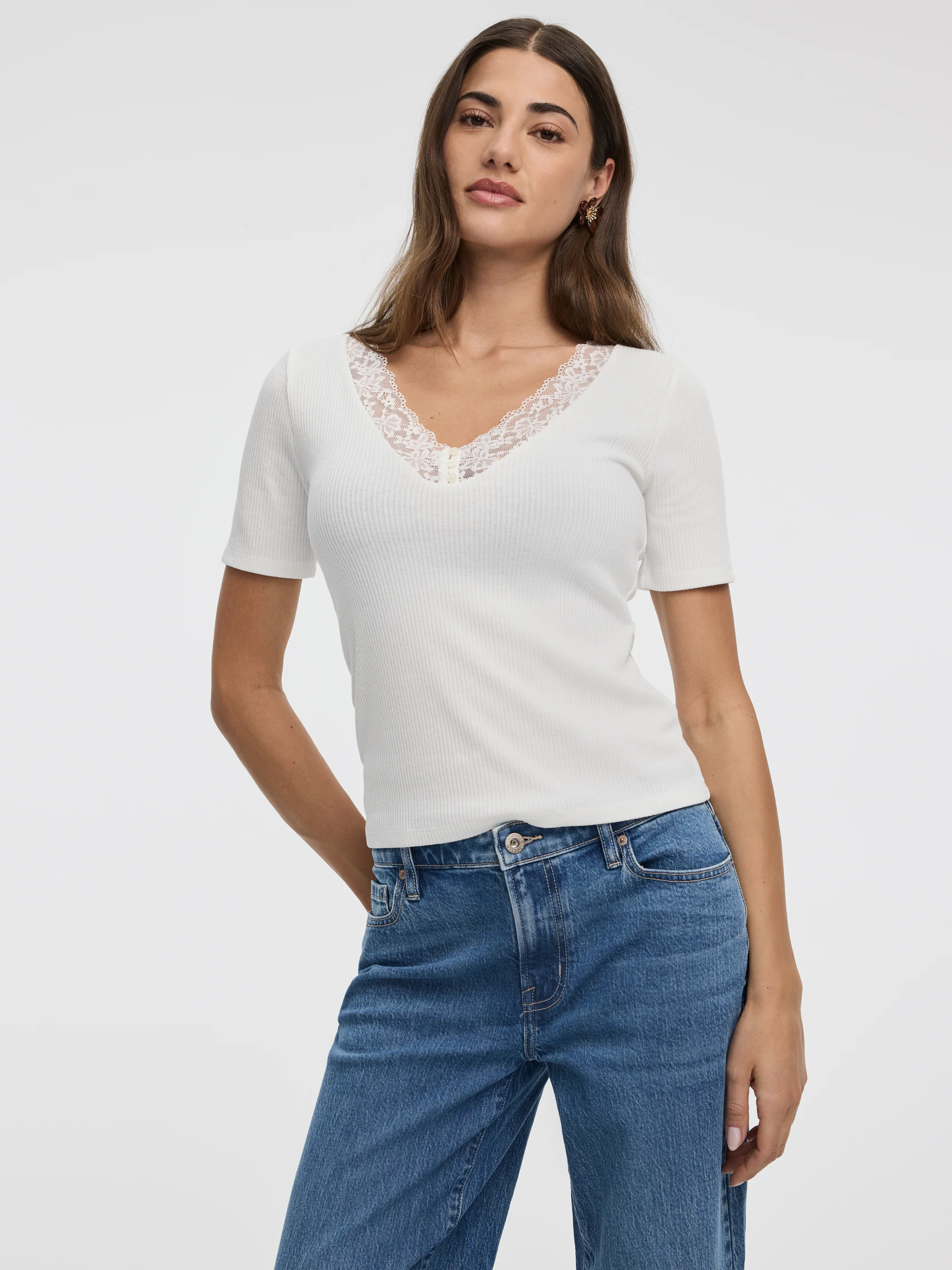 Short-Sleeve V-Neck Tee with Lace Trim - Image 5