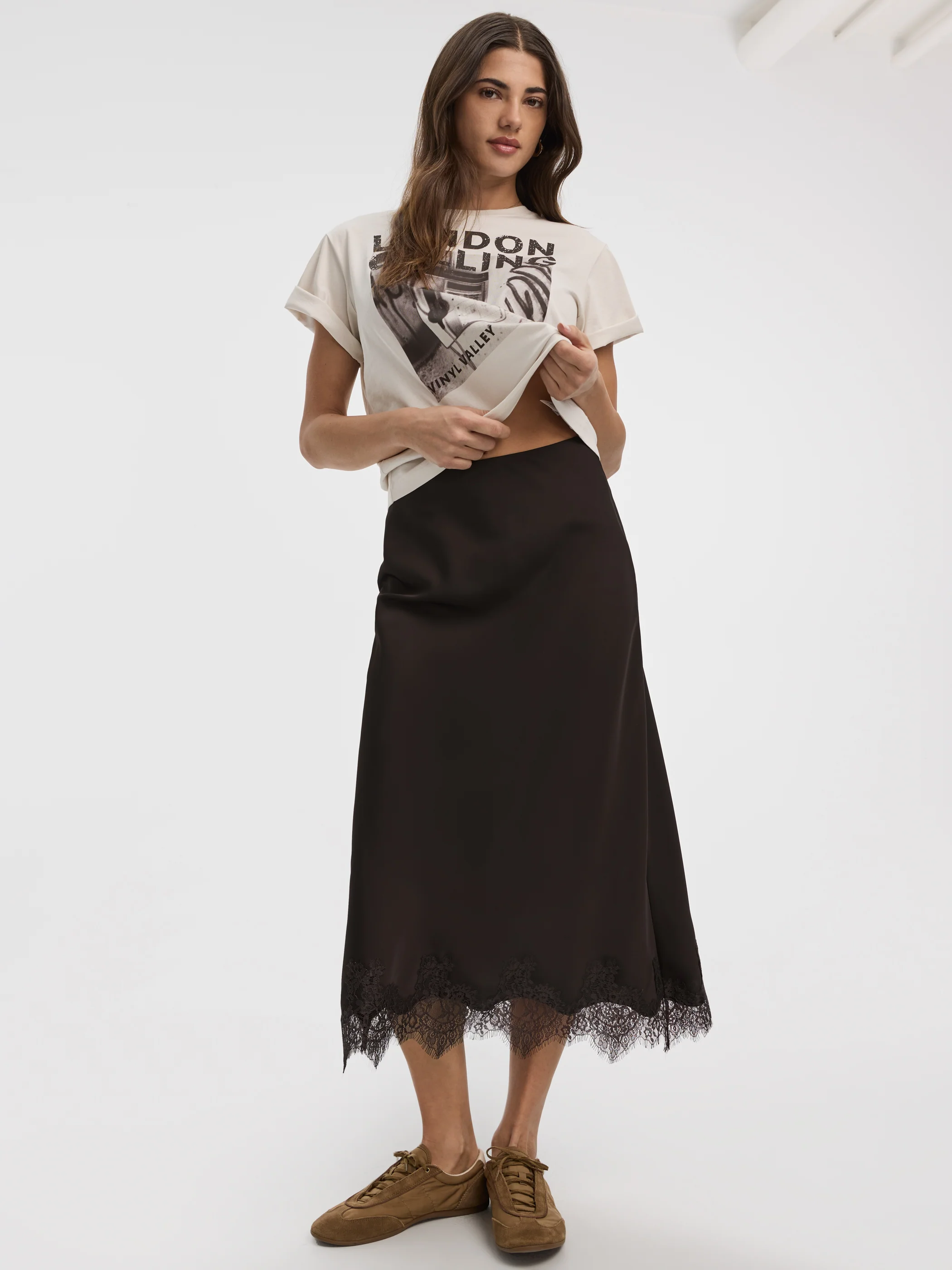 Satin A-Line Midi Skirt with Lace Trim - Image 10
