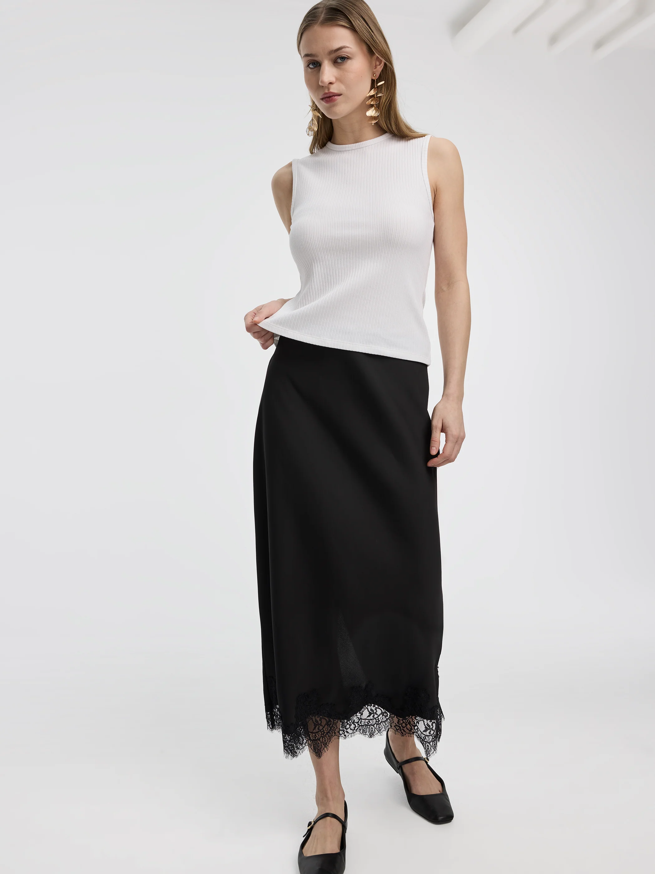 Satin A-Line Midi Skirt with Lace Trim - Image 5