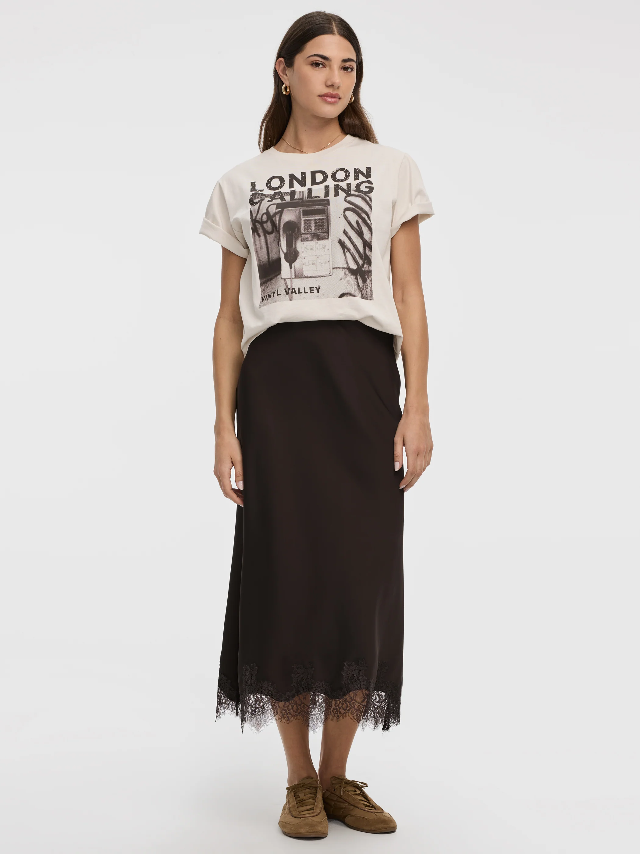 Satin A-Line Midi Skirt with Lace Trim - Image 6