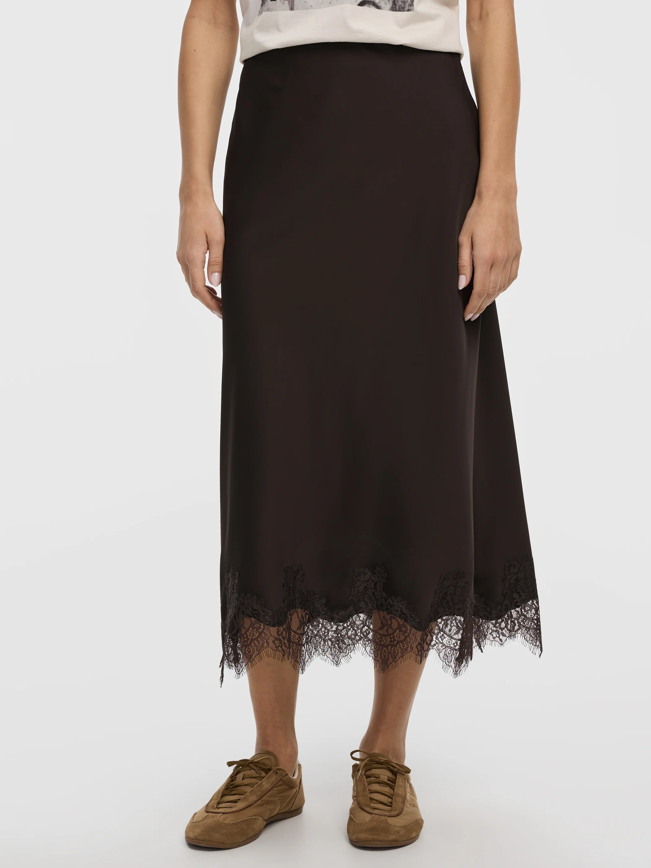 Satin A-Line Midi Skirt with Lace Trim - Image 7