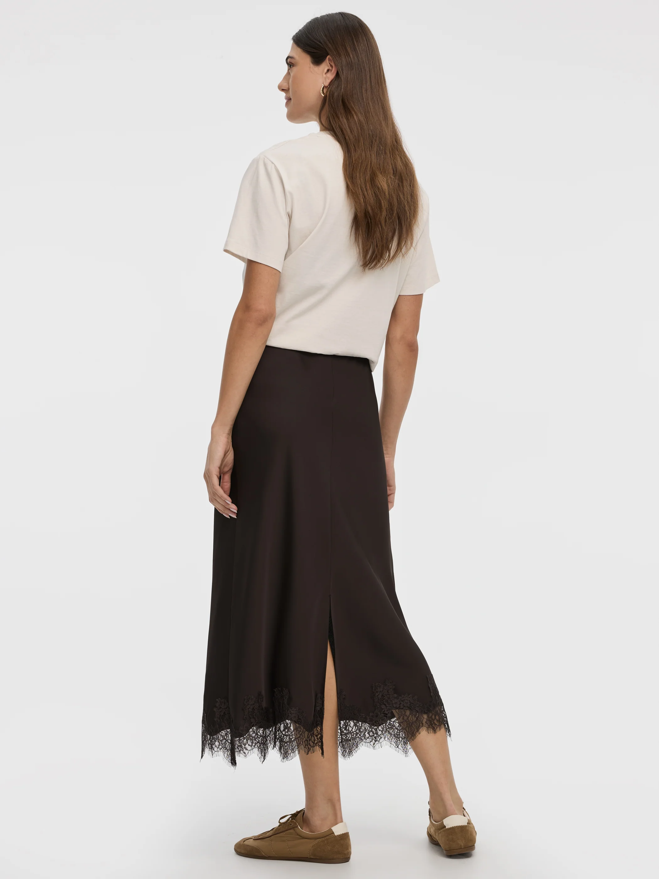 Satin A-Line Midi Skirt with Lace Trim - Image 9