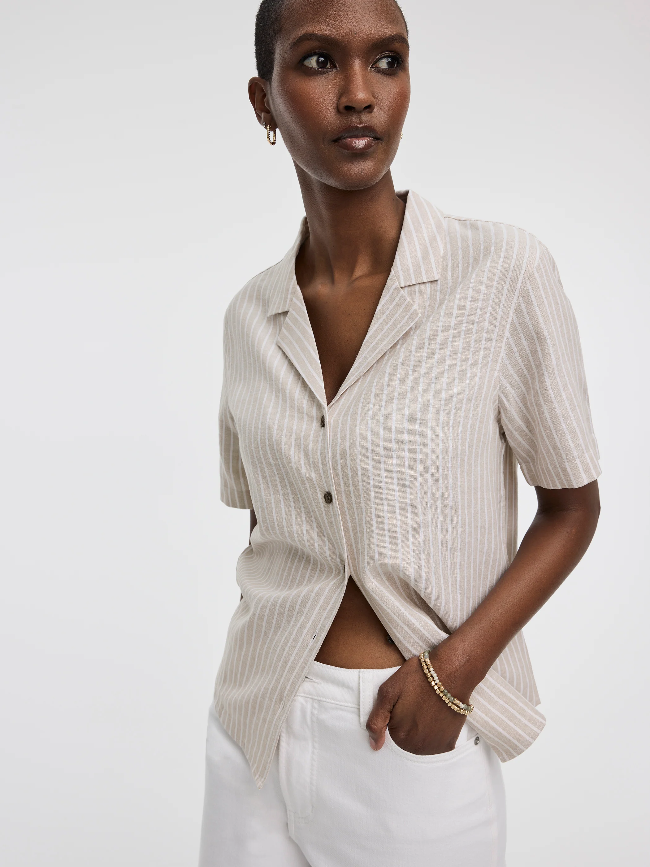 Striped Short-Sleeve Shirt with Pyjama Collar - Image 4